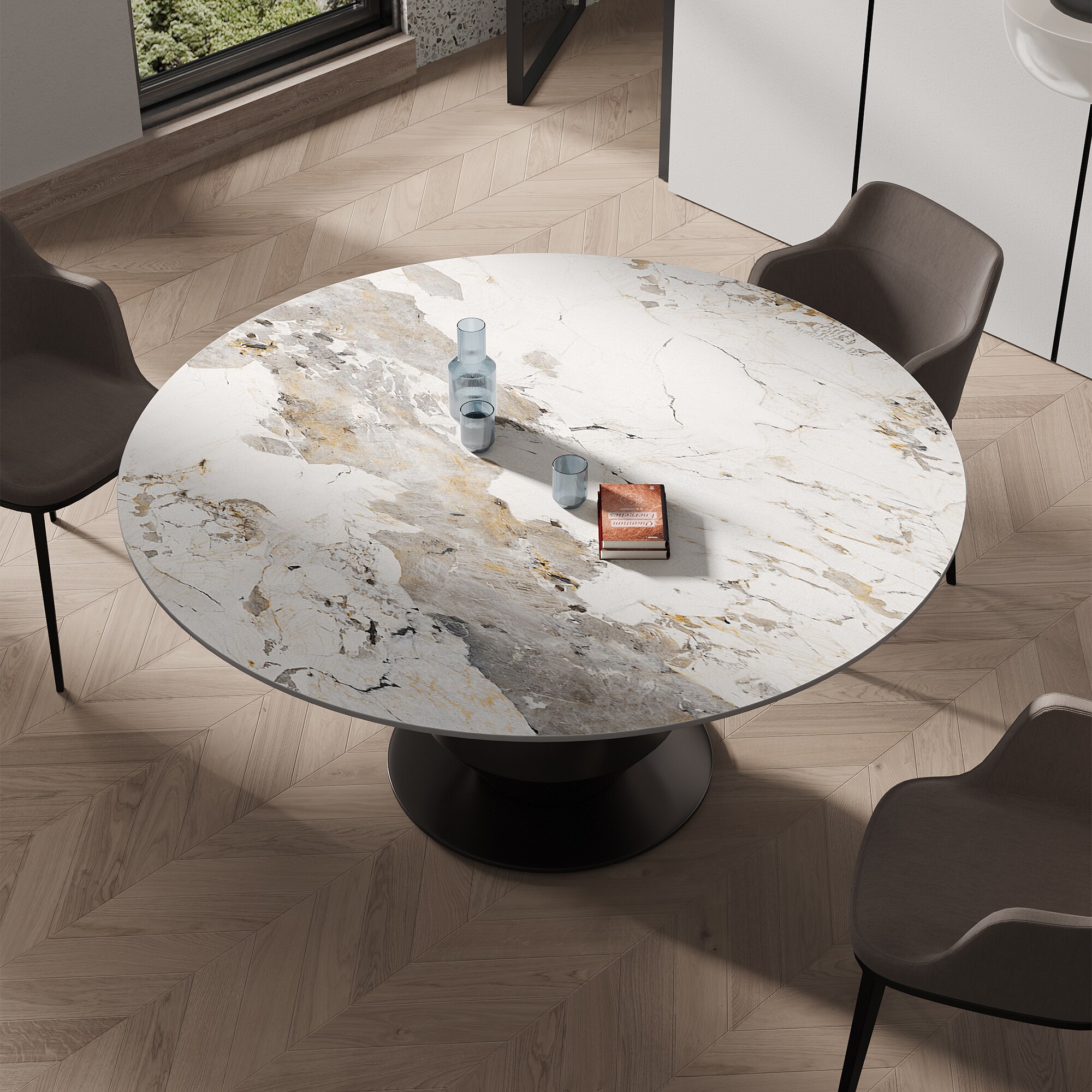  ZP7-663-135PDL Pandora Round Contemporary/Modern Marble Dining Table, with Brown Finish and Metal Pedestal Base 53.15-in L x 29.53-in H