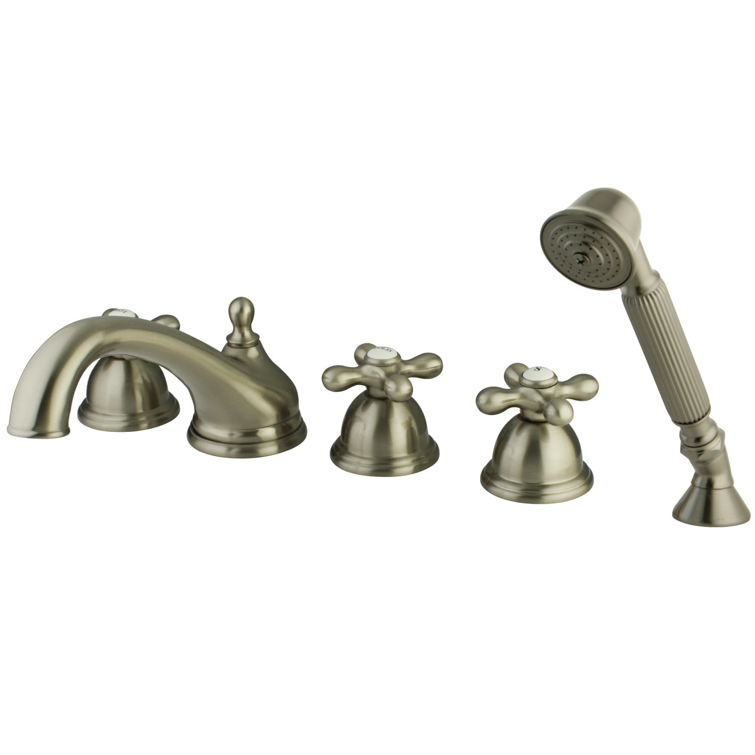 Kingston Brass Roman Brushed Nickel 3 Handle Deck Mount Roman Low Arc Bathtub Faucet With Hand 4811