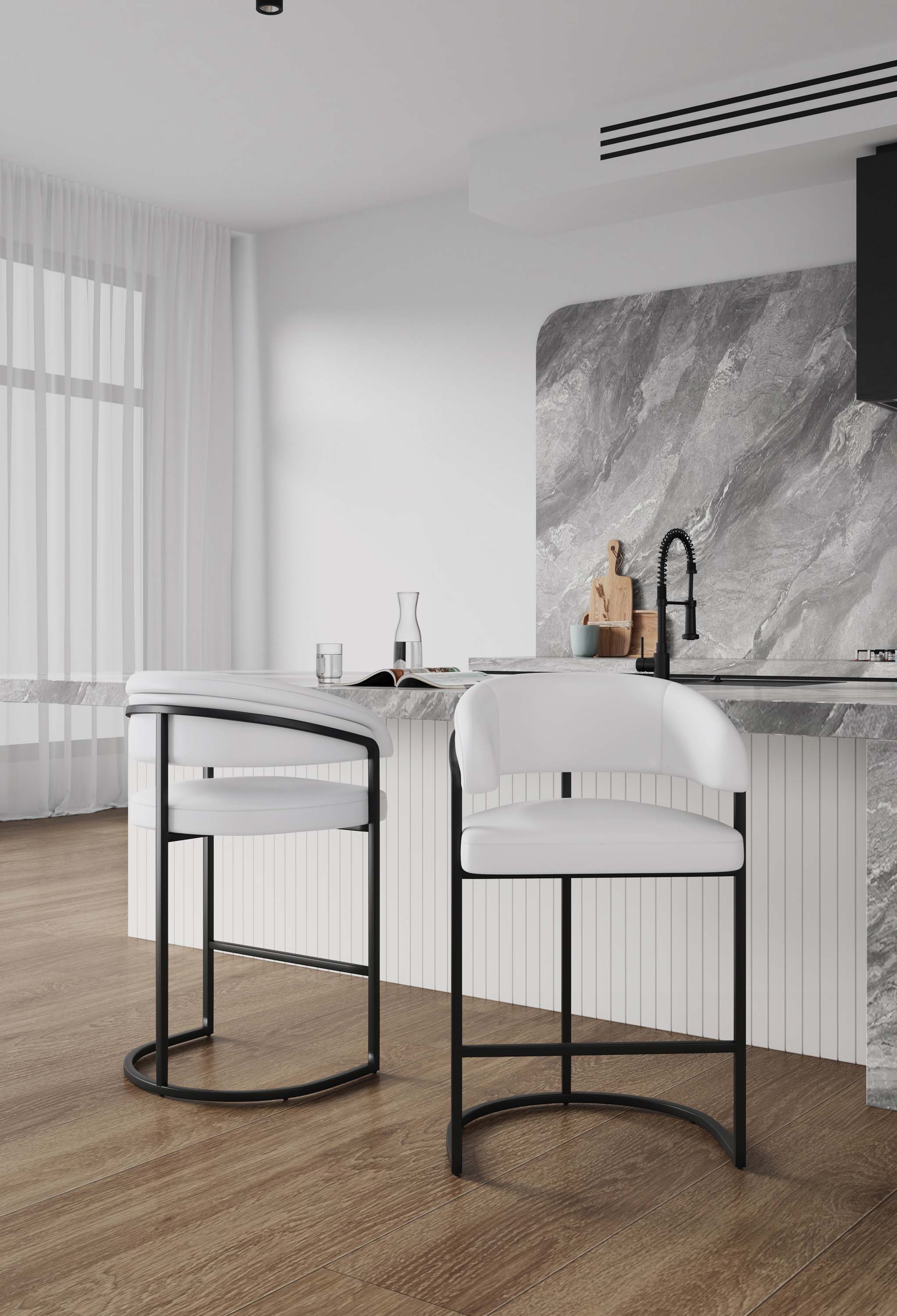 Manhattan Comfort 2-CS018-WH Set of 2 White 26.8-in H Counter height (24-in to 27-in) Bucket Seat Upholstered Metal Back Bar Stool with Arms and Back
