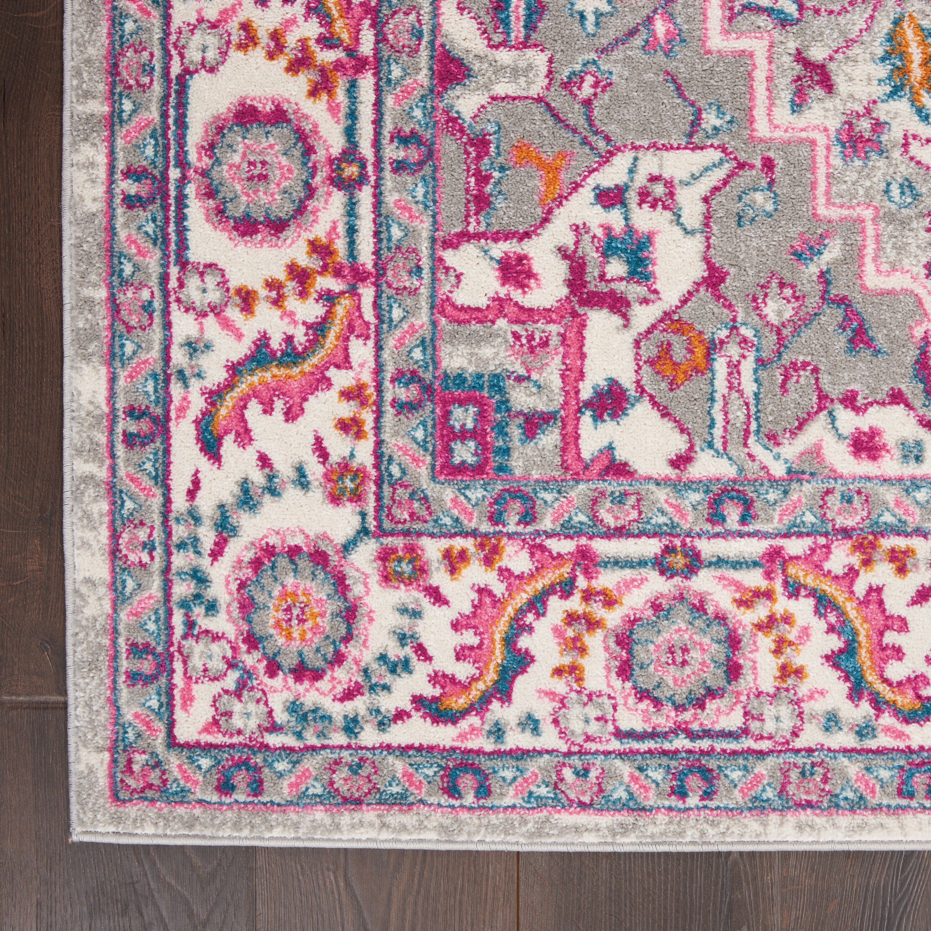 Light Grey and Pink Floral Synthetic 5' x 7' Area Rug