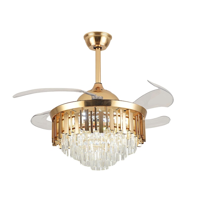 Oukaning 42 In Gold Modern Invisible Crystal Retractable Color Changing Integrated Led Indoor Chandelier Ceiling Fan With Light And Remote 4 Blade The Fans Department At Lowes Com