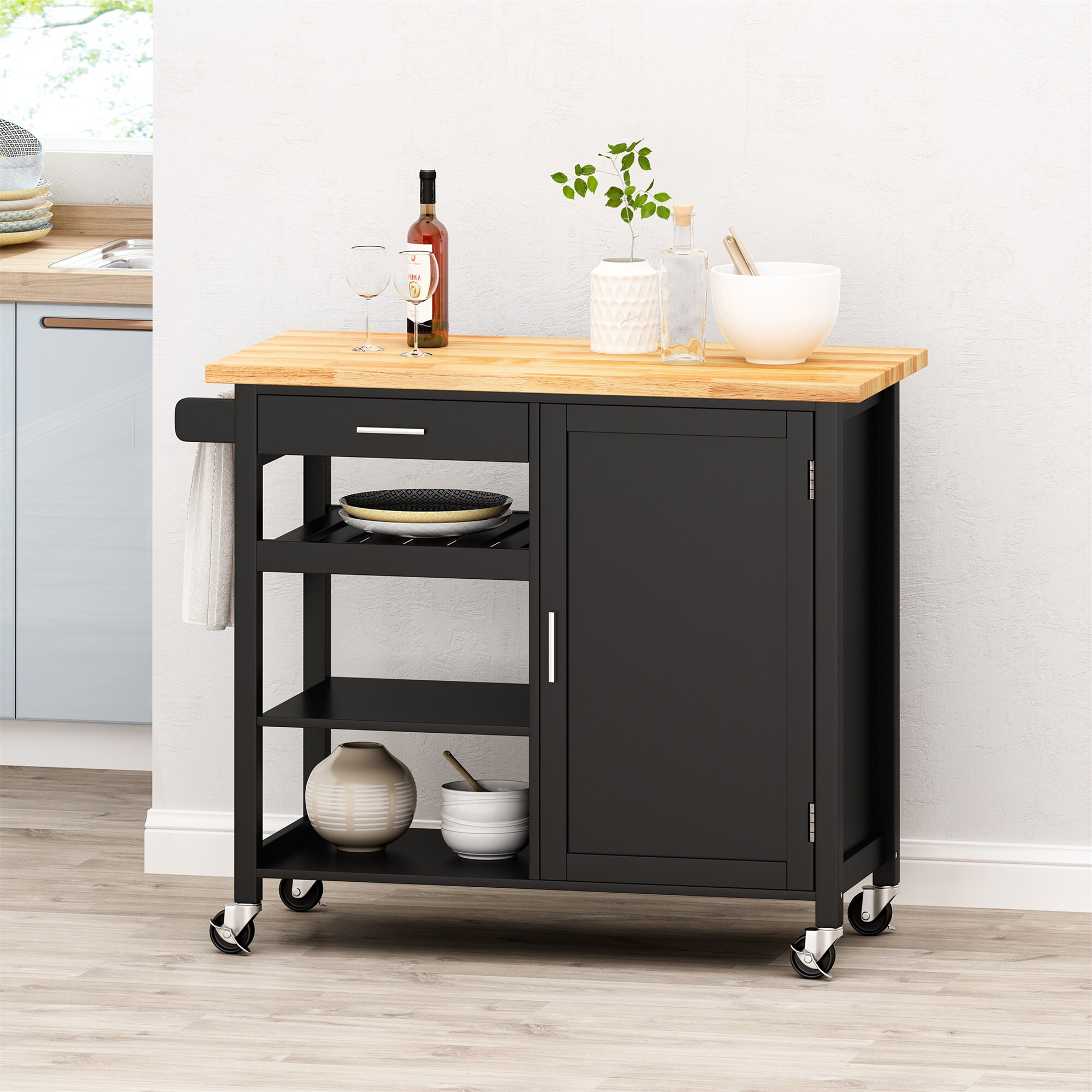 BABOOM Black Composite Base with Wood Top Rolling Kitchen Cart (18.9-in x 41.75-in x 35.25-in)