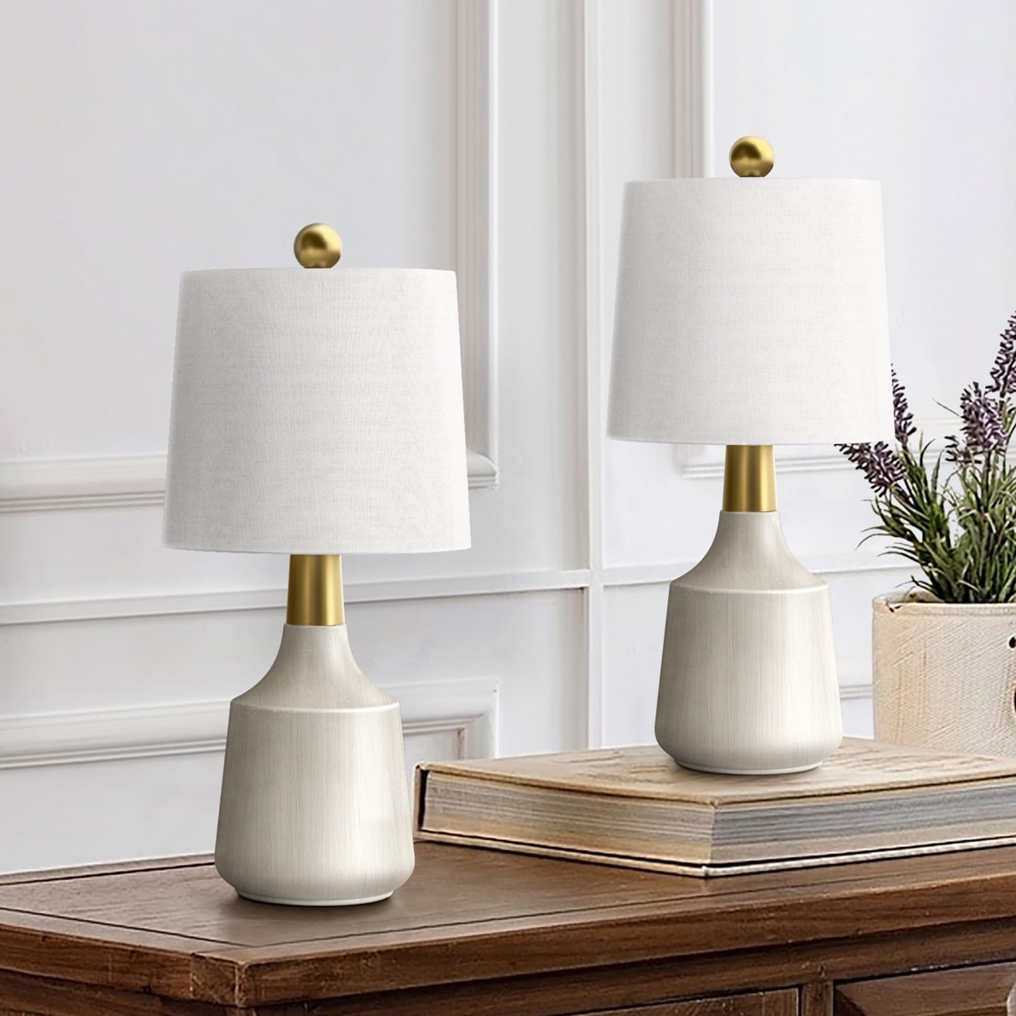 Trikiousd 19.75-in Off-White Ceramic Rotary Switch Table Lamp with Linen Shade Set of 2