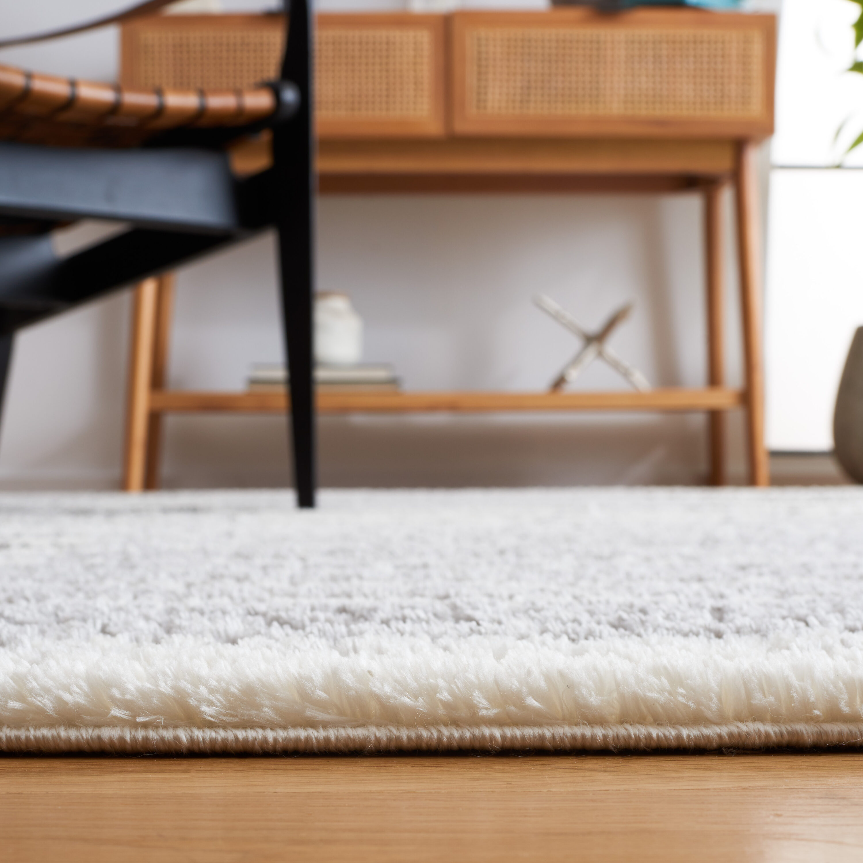 Ivory and Gray Hand-Knotted Synthetic Rectangular Rug