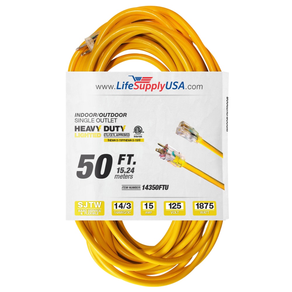 LifeSupplyUSA 14350FTU 50-ft 14 / 3 3 Prong Yellow Indoor/Outdoor SJTW Heavy Duty Lighted Extension Cord