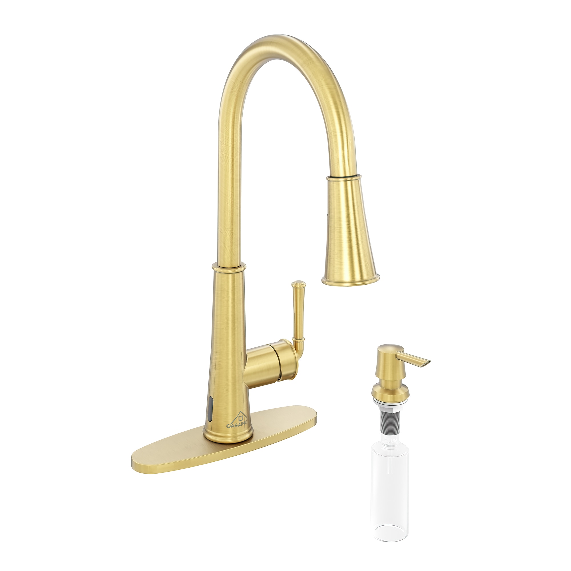 CASAINC CA-W3085-BG Brushed Gold Single Handle Deck-mount Touchless Pull-out Kitchen Faucet with Sprayer ( Deck Plate Included ) (Soap Dispenser Included)