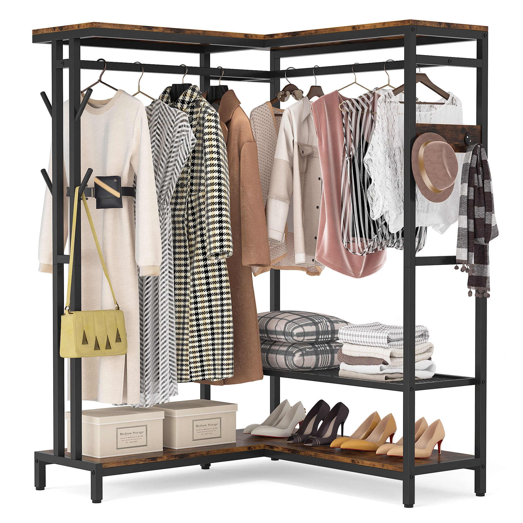 Tribesigns Corner Closet Organizer, L Shaped Garment Rack with Shelves and  2 Fabric Drawers for Bedroom, Rustic Brown 
