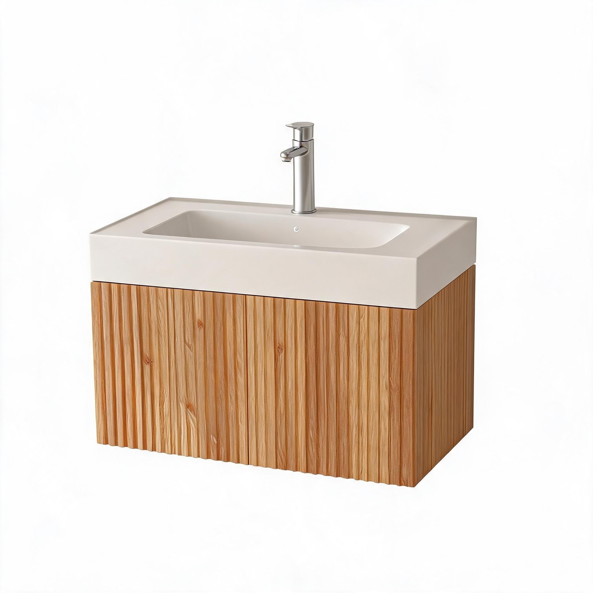 LIVACA - 30 inch Acacia Wood Plywood Wall Mounted Bathroom Vanity with Integrated Basin and Moder...
