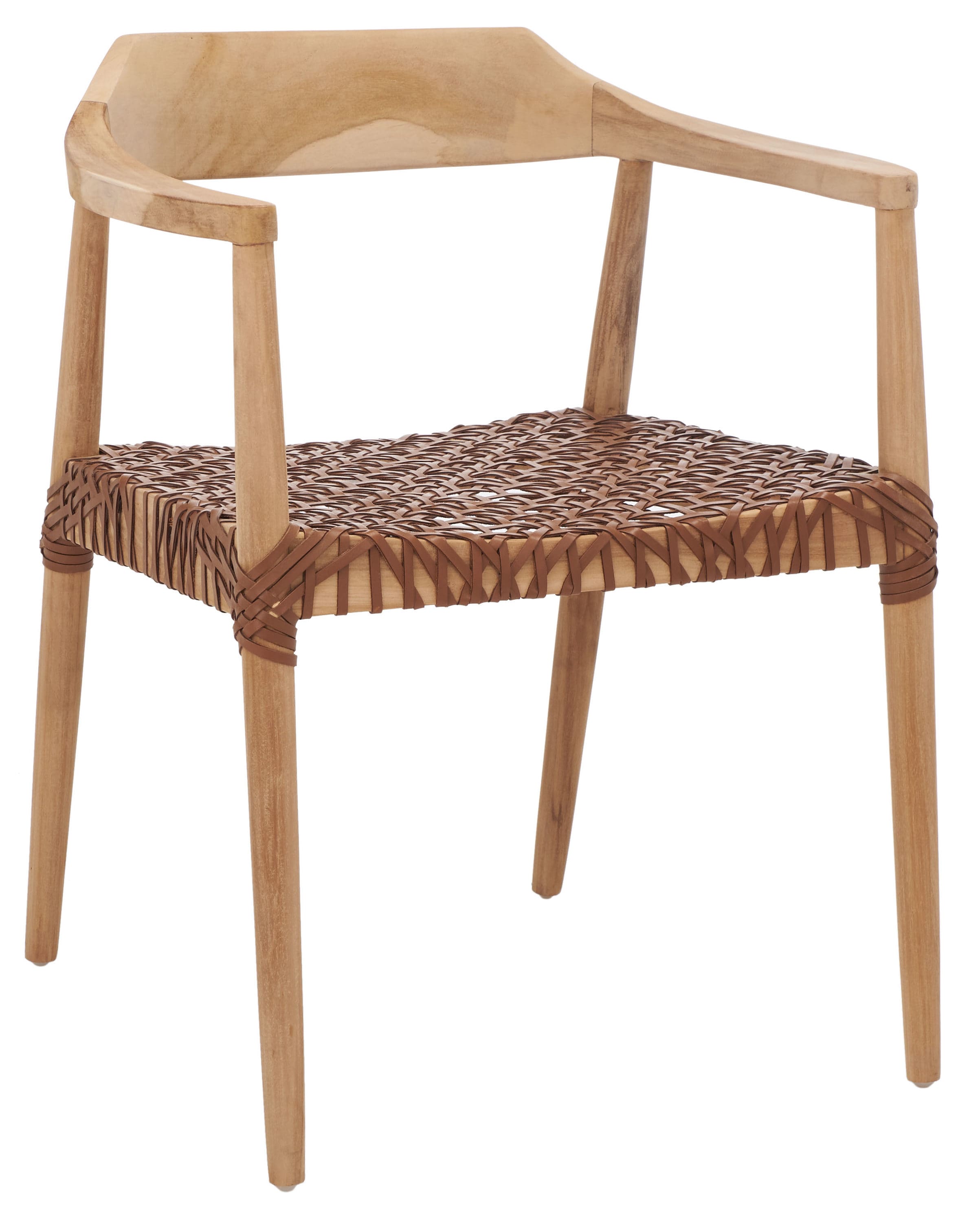 Mid-Century Teak Wood & Woven Leather Accent Chair in Natural Finish