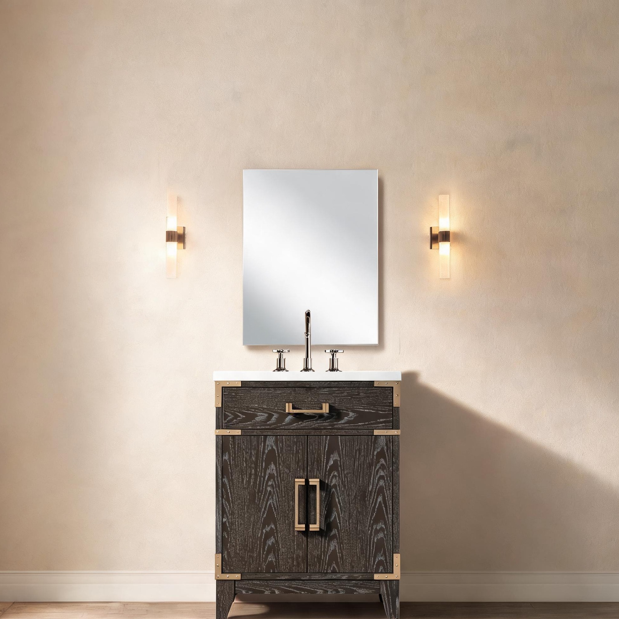 SunJet - Single Bath Vanity Set 24 Wide Brown Finish Freestanding with Acrylic Countertop Mirror ...