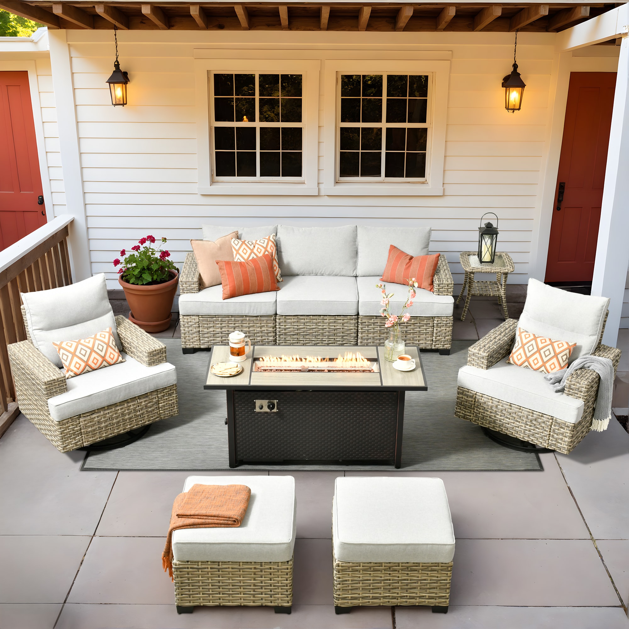 Pouuin SDFPTYZBS406 8 -Piece Wicker Patio Sofa Conversation Set with Light Gray Cushions