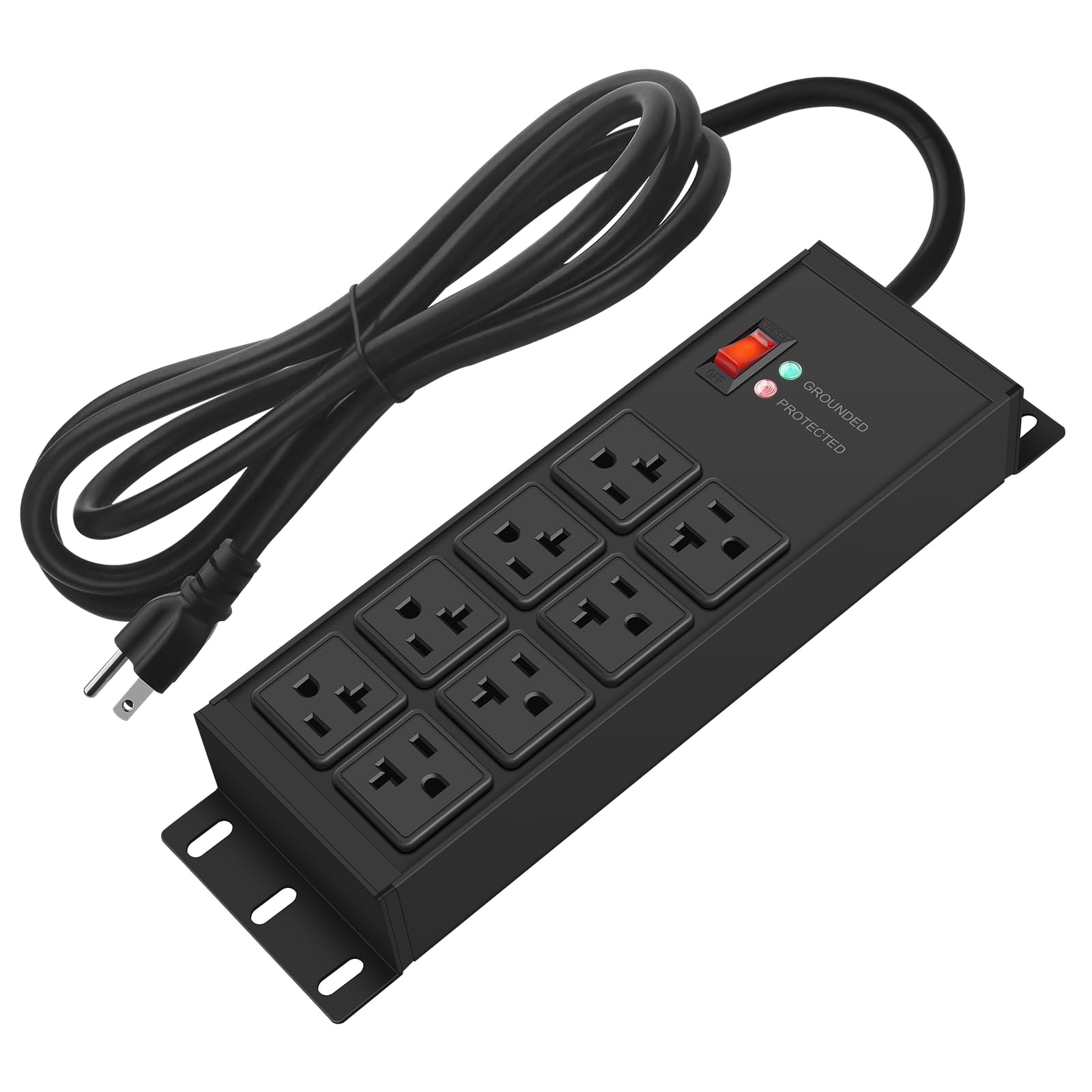 Oyezvary  Black Heavy Duty Power Strip 20 Amp 8 Outlet 25 FT 12 Gauge Extension Cord Industrial Metal Surge Protector Wall Mount 1 Piece