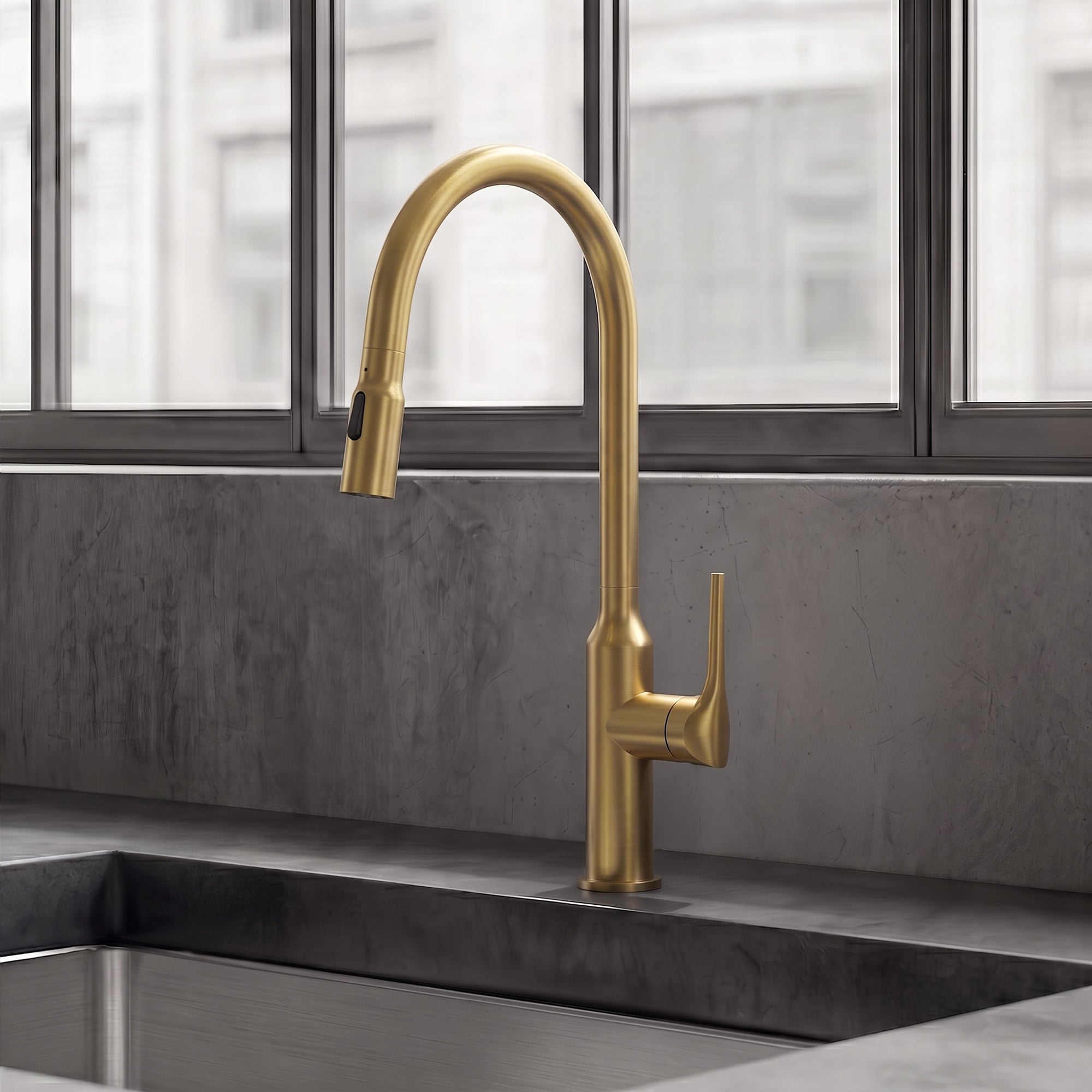 GRANDJOY  Brushed Gold Single Handle Pull-Down Kitchen Faucet with 2-Function Sprayer 360-Degree Rotation 1.8 GPM
