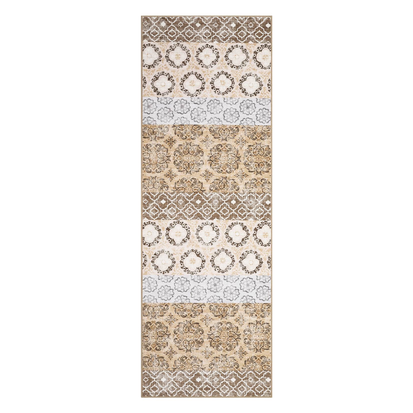 Qeetex LSN-PHK-343N6VMP 2 x 6 ft Polyester Pearl Velvet Dark Brown Rectangular Hallway Bathroom Entryway Kitchen Office Foldable Flower Printed Bohemian Washable Area Rug