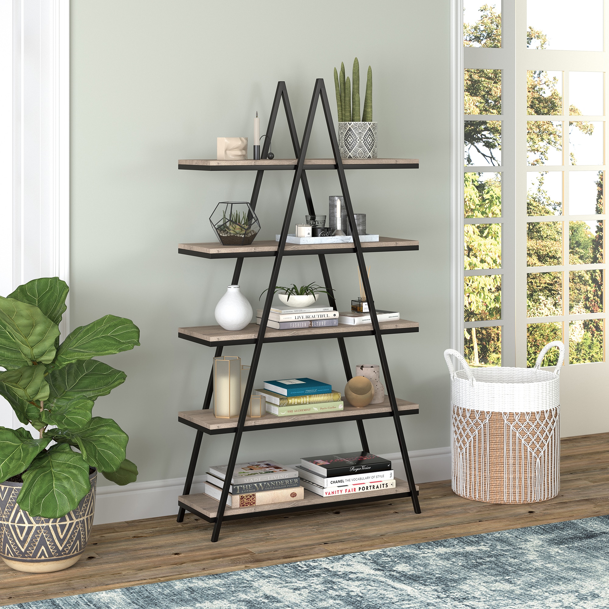 Conry 68'' Tall A-Frame Ladder Bookcase in Blackened Bronze/Antiqued Gray Oak