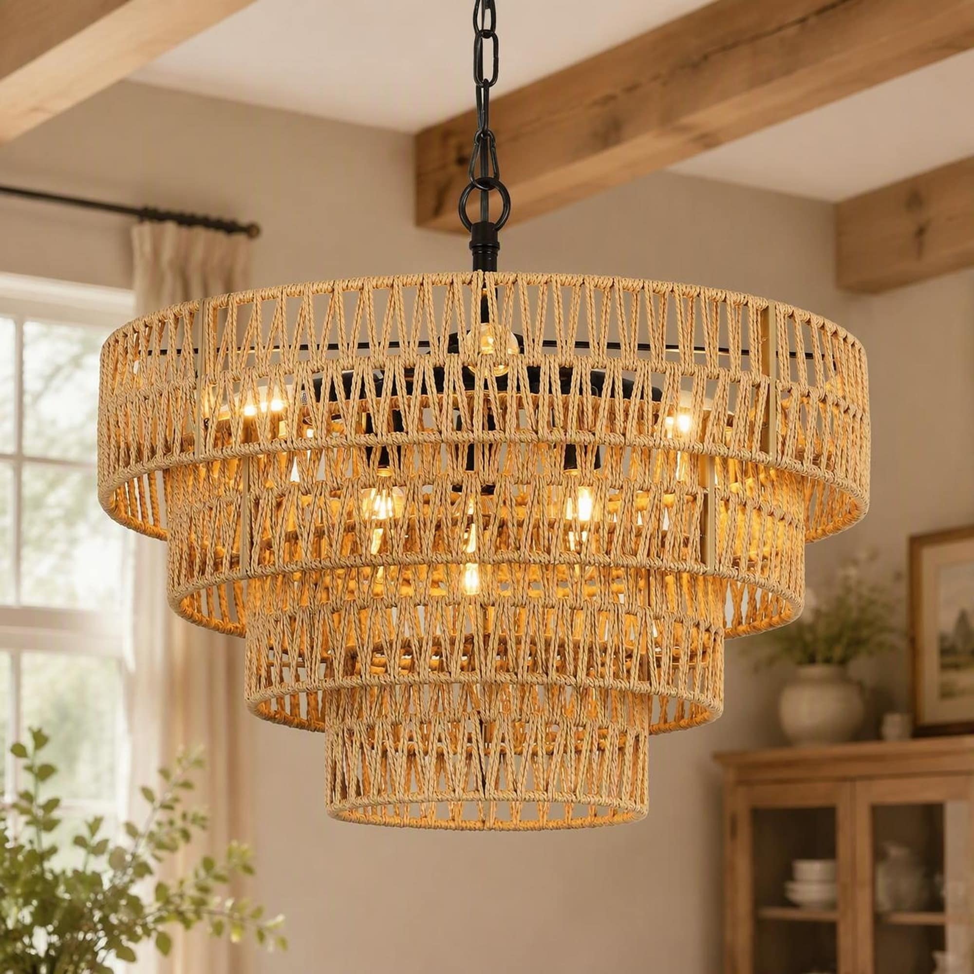 xersbav 6 Light Boho Rattan Chandelier 4 Tiers 19.69in Rustic Farmhouse Light Fixture for Dining Room Living Room Kitchen Island
