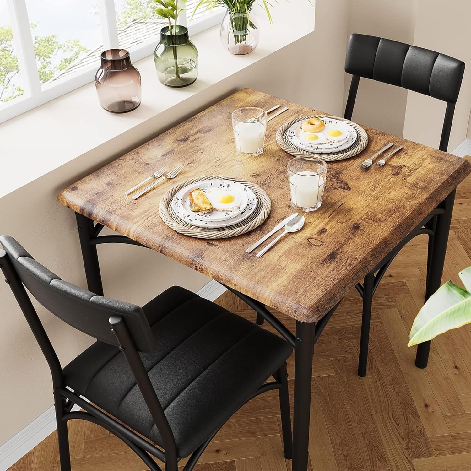 Garvee Dining Table Set for 2 Kitchen Table and Chairs for 2 with Upholstered Chairs 3Pcs Dining Room Table Set Square Kitchen Table Set for Small Space Apartment Studio Rustic Brown