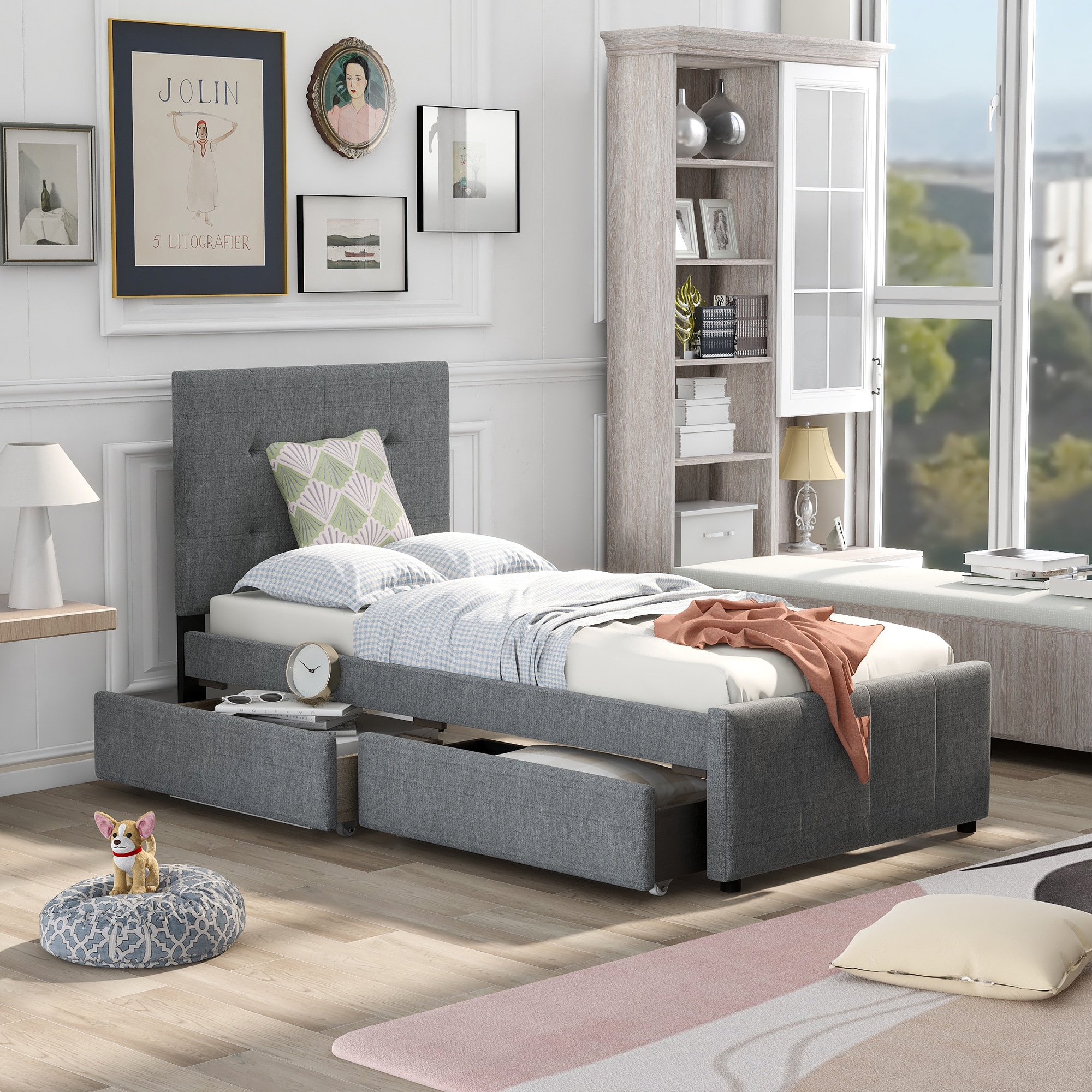 Qualler Gray Twin Wood Platform Bed with Storage in the Beds department ...