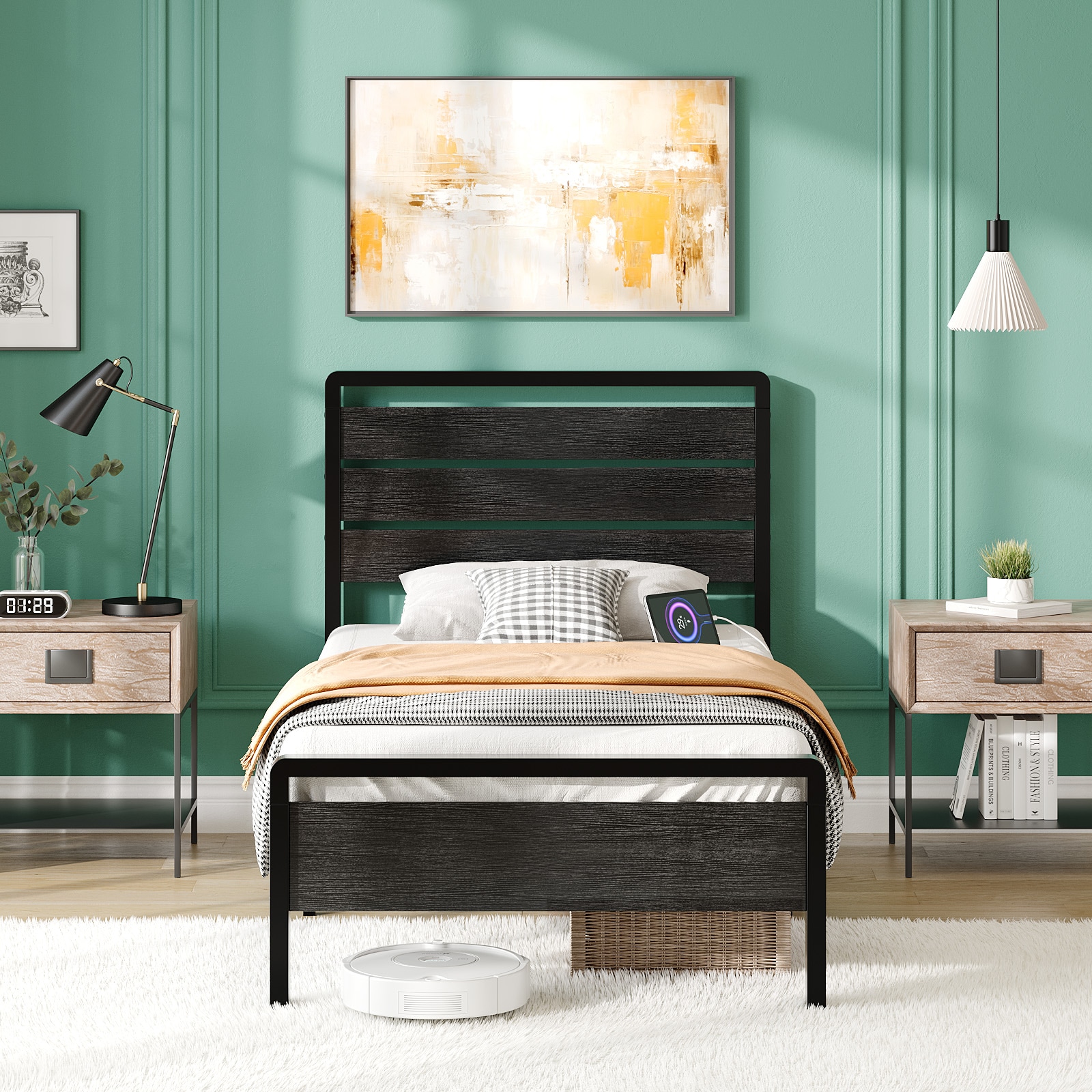 VINGLI Twin Size 80L x 40W x 42H Platform Bed Frame with 12-in Under-Bed Storage Space/LED Wood Headboard and Footboard/2 AC/2 USB/1 Type-C Charging Port Black