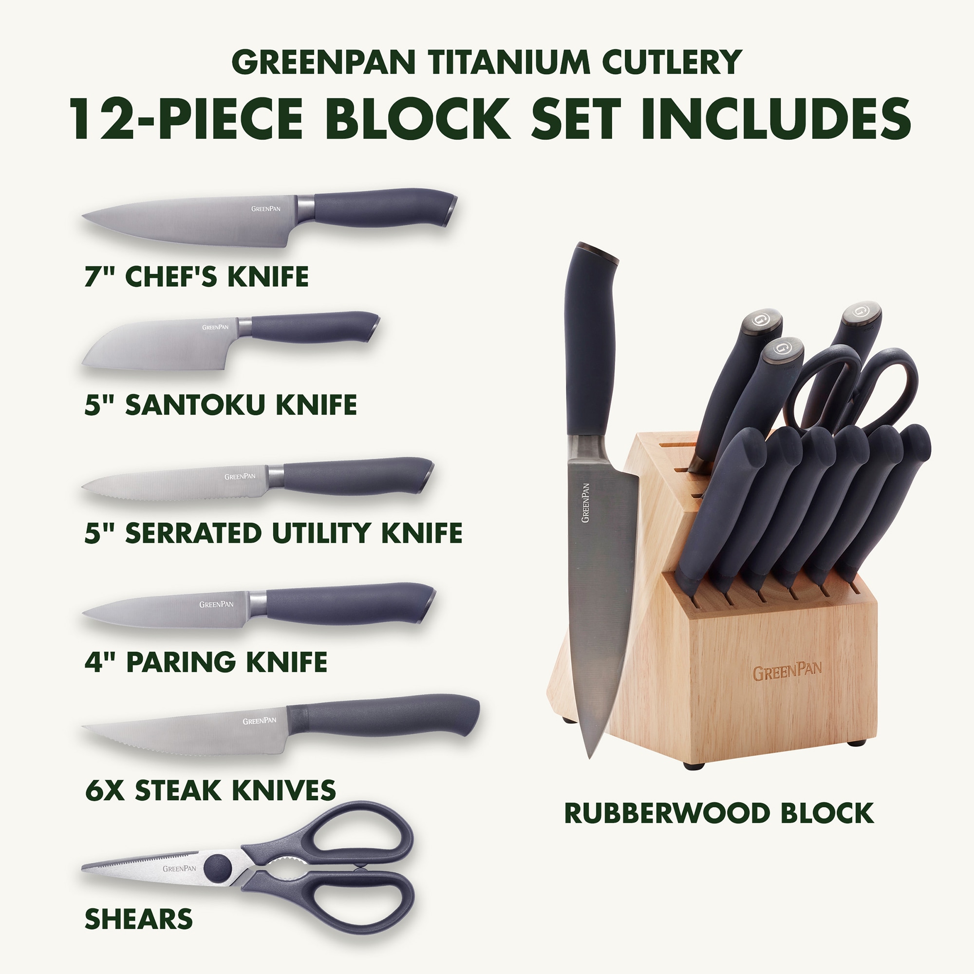 Greenpan 16-Piece Gray/Silver Knife Set with Rubber Handle