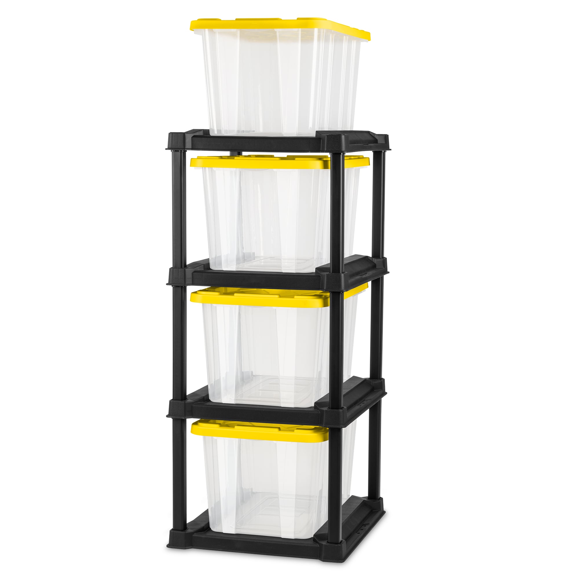 Sterilite  4 Tier Tote Rack Organizer with 4 Pack 27 Gal Industrial Storage Totes