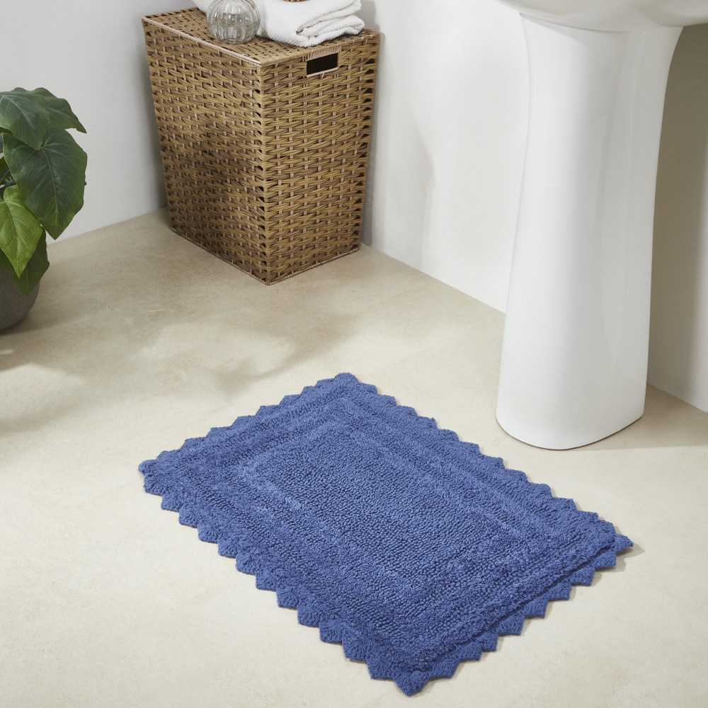 Blue Cotton Tufted Reversible Crochet Bath Rug Set