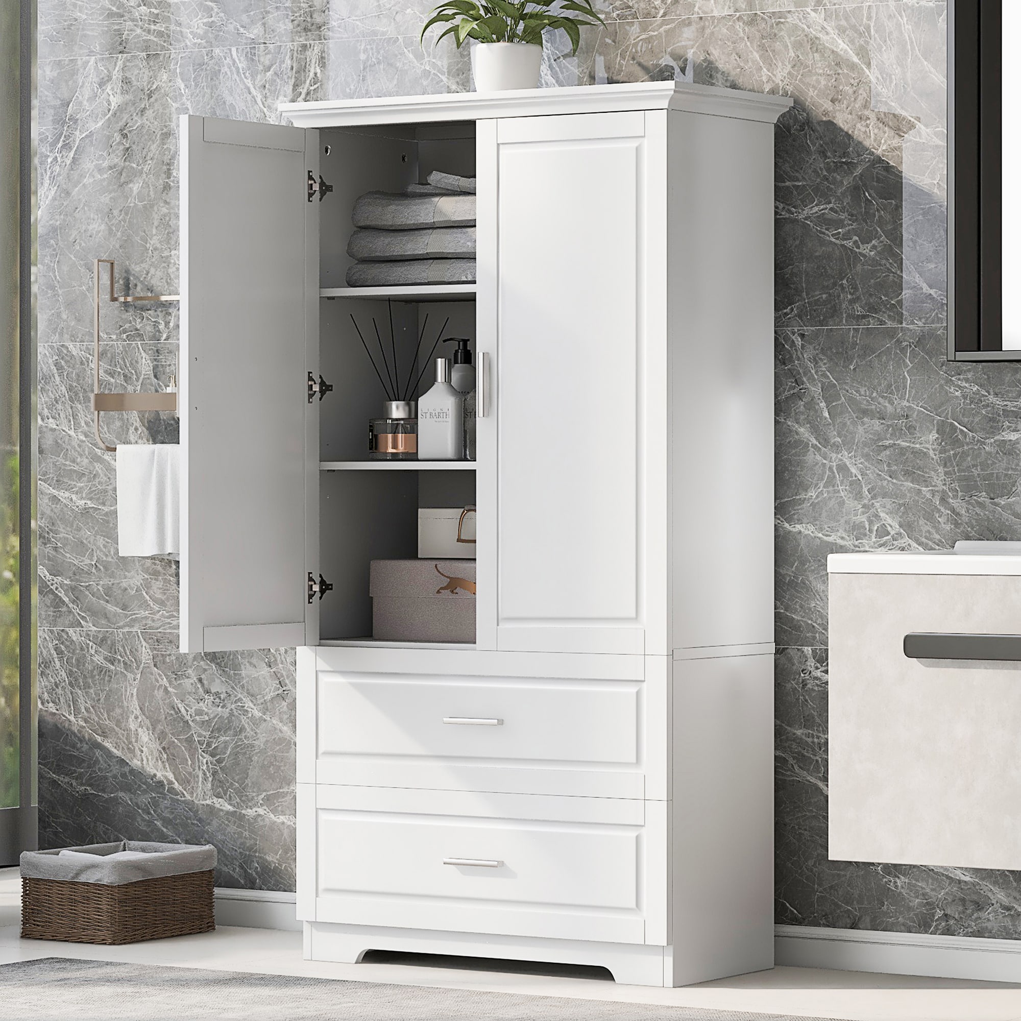 GDFStudio 342107 Tall Bathroom Storage Cabinet with Two Doors and Drawers Adjustable Shelf Mdf Board White
