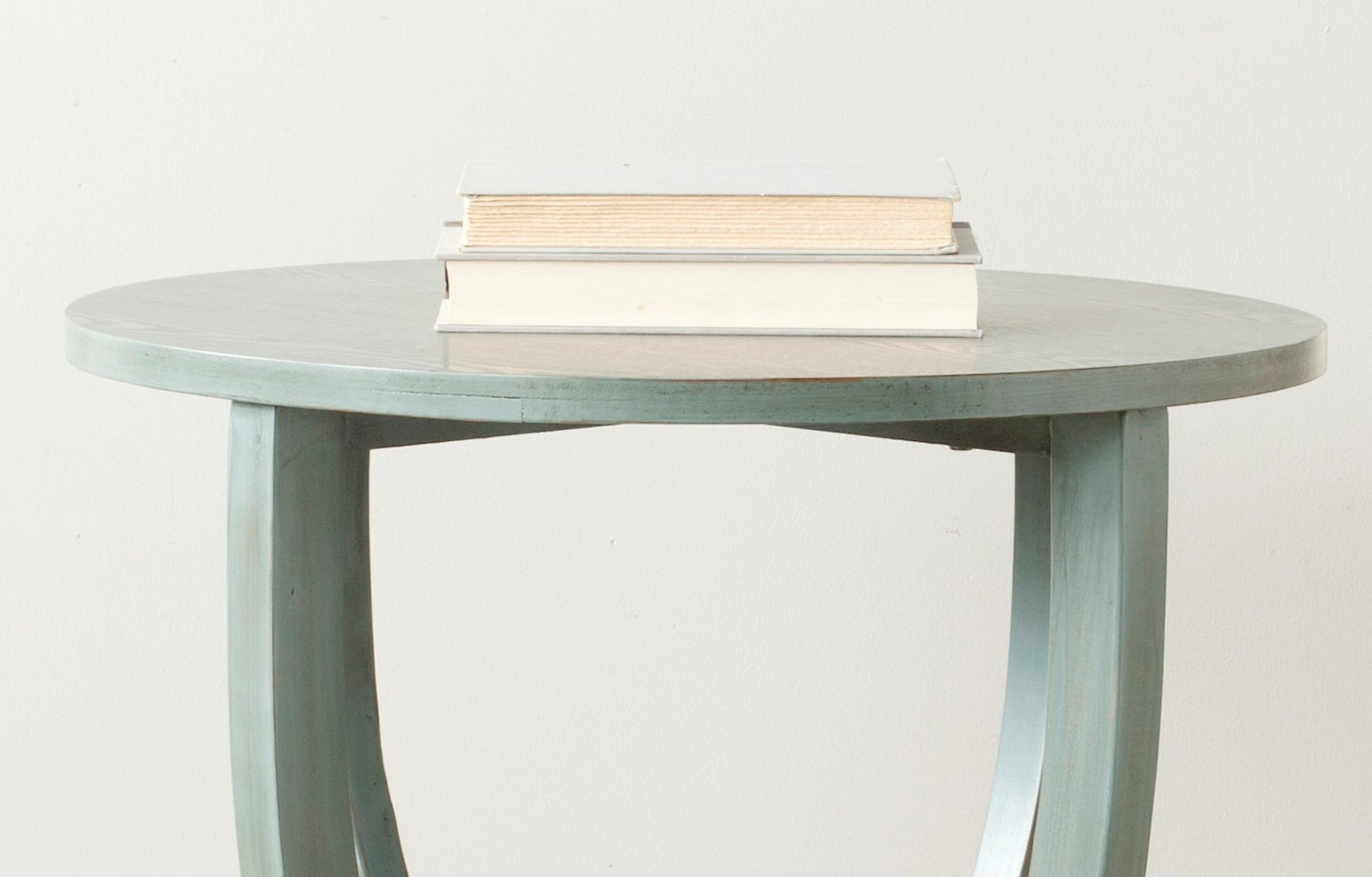 Barn Blue Round Wood Pedestal Accent Table with Shelf