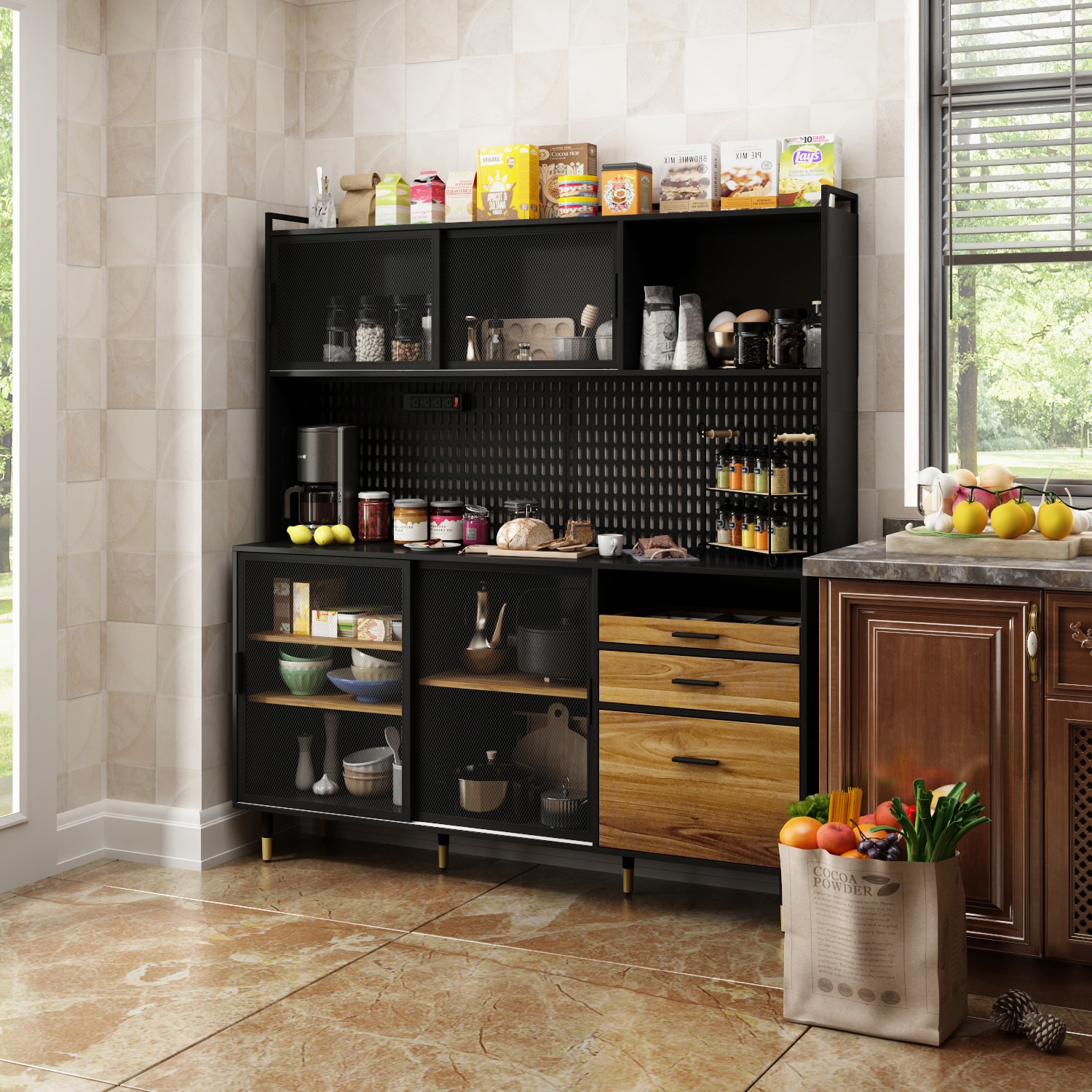 Small U Shaped Pantry with Wicker Labeled Food Bins - Transitional -  Kitchen