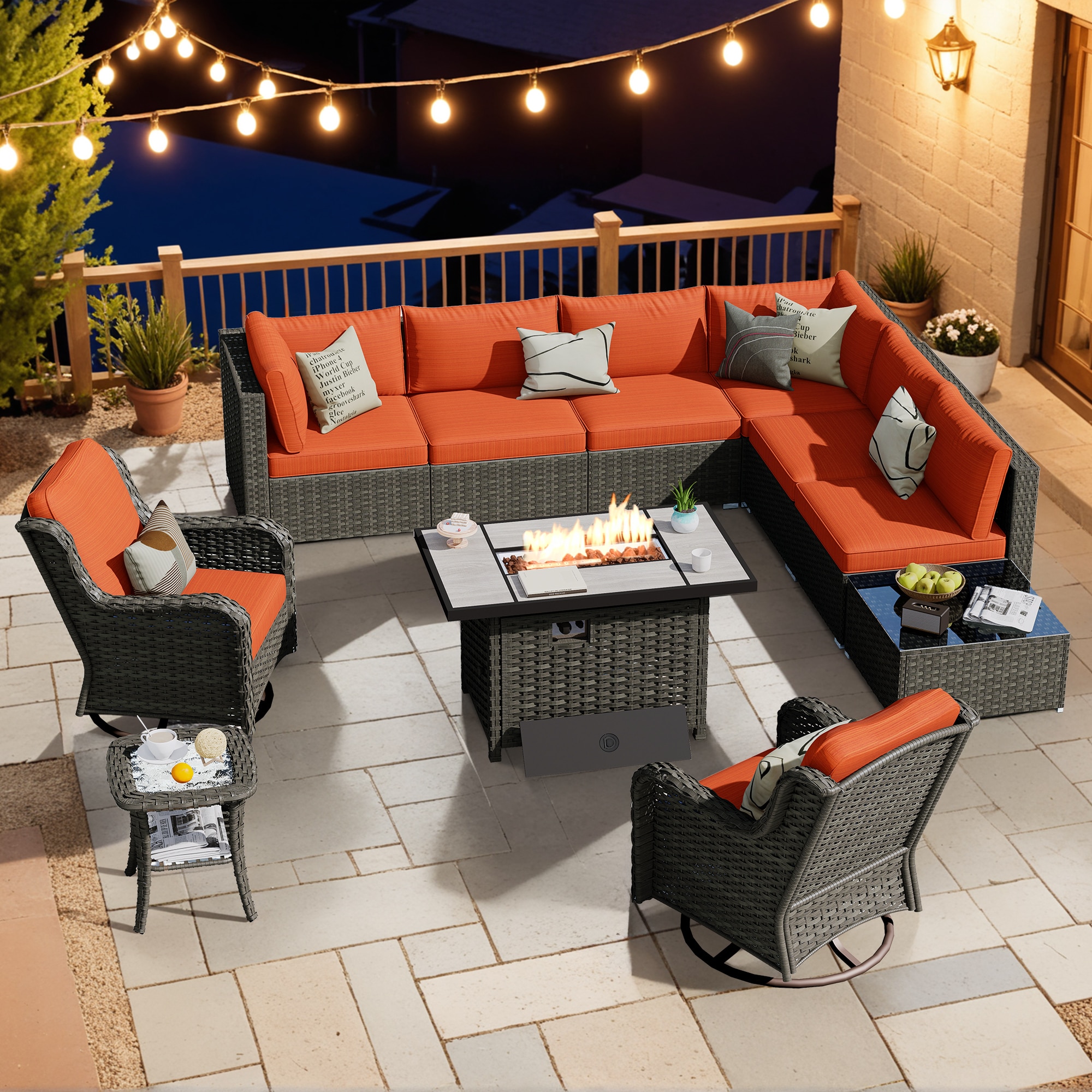 XIZZI XIHOP80L6CFP Sunrise 11-Piece Rattan Patio Sofa Conversation Set with Orange Cushions