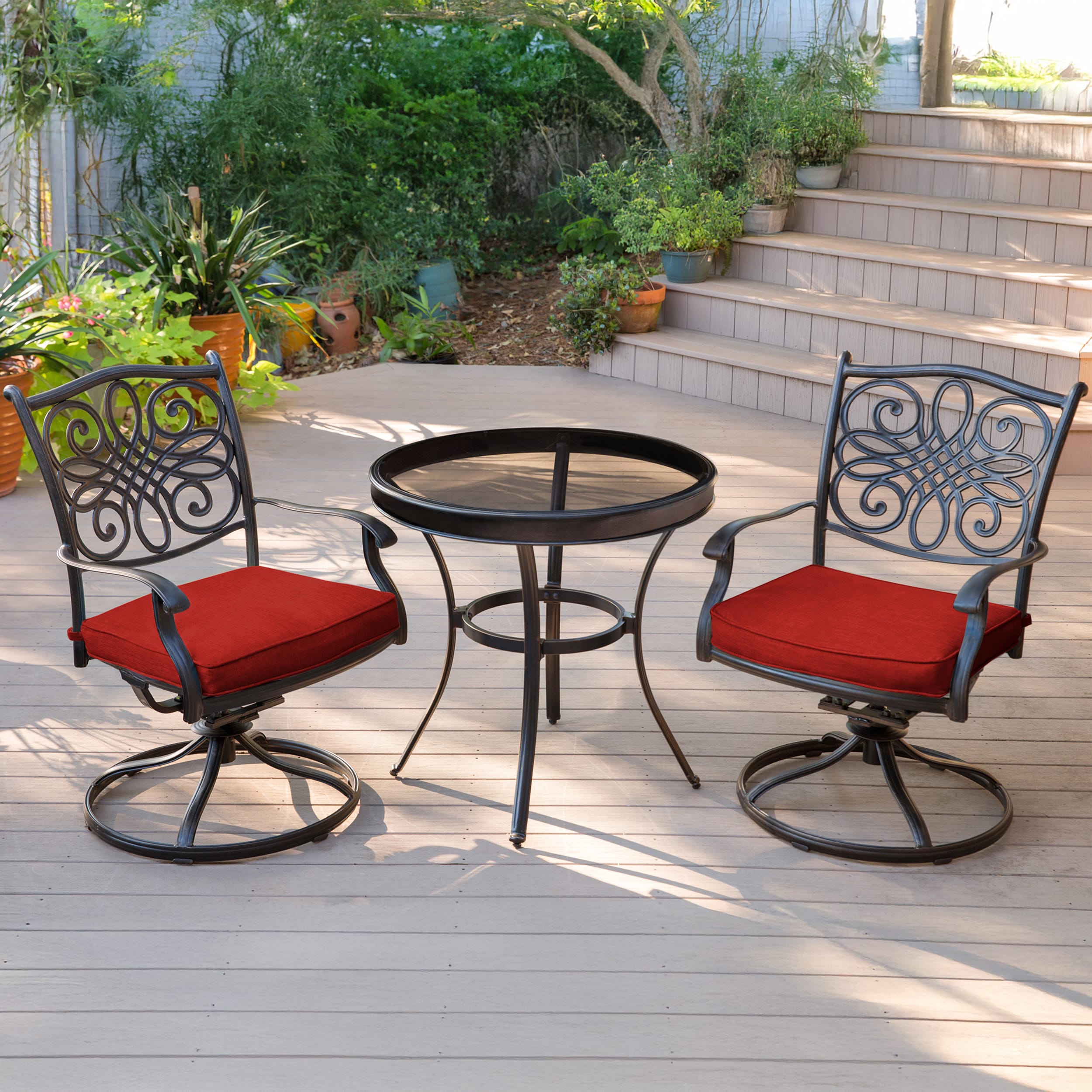 Bronze Cast Aluminum 3-Piece Patio Bistro Set with Red Cushions