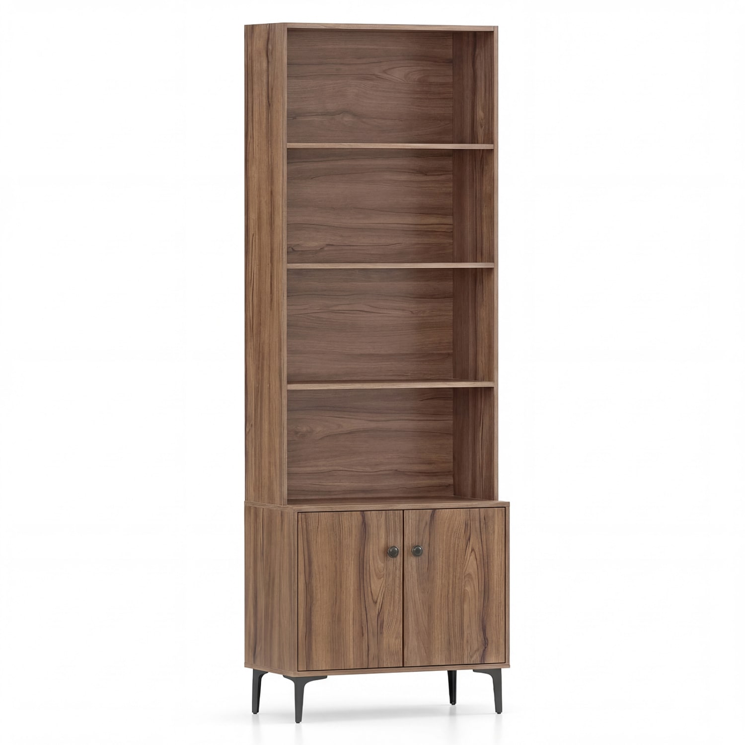 Slickblue - Freestanding Walnut/White Bookcase with 2 Doors Cabinet and Open Shelves for Living R...