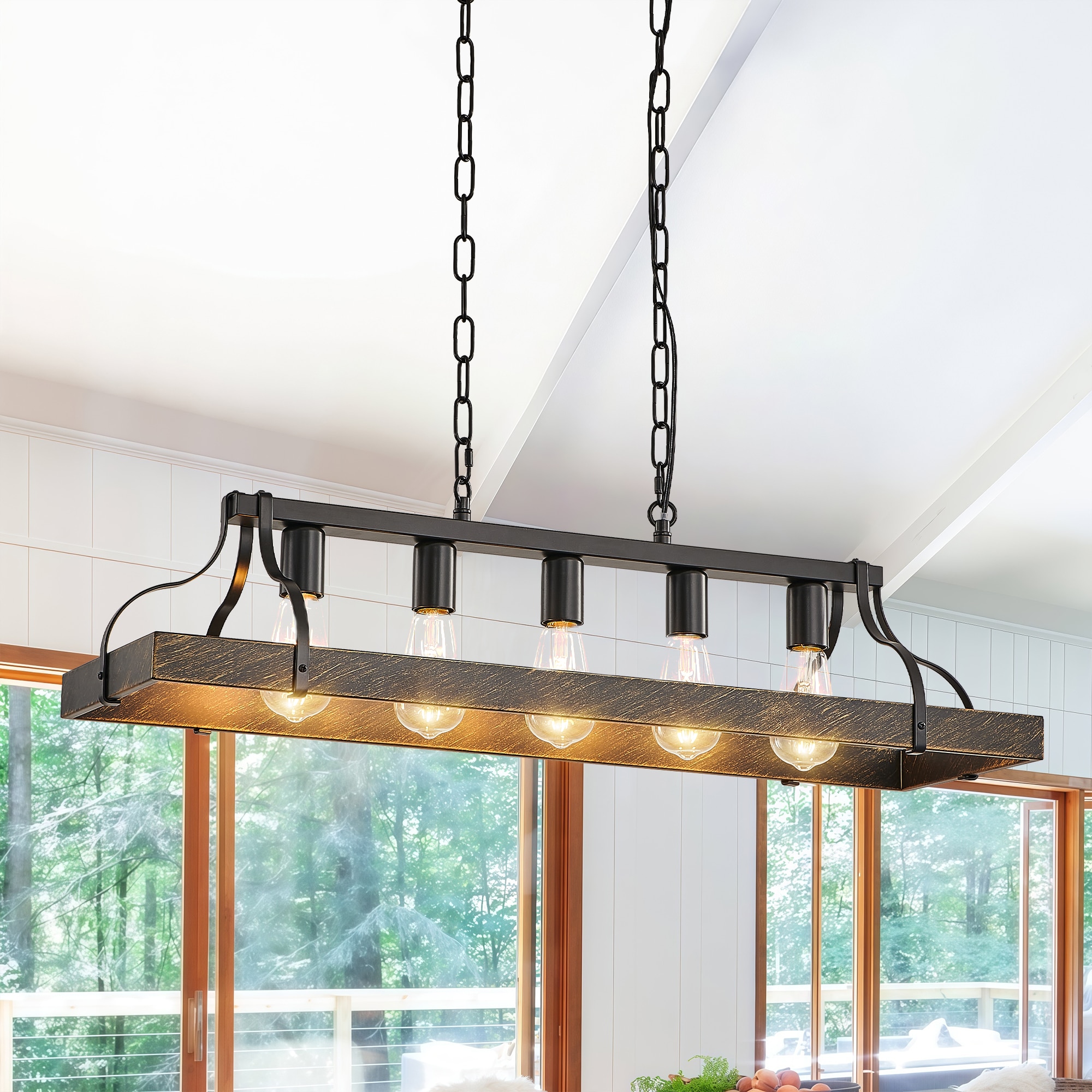 TEINIE 34-Inch Farmhouse Vintage Metal Dining Room Chandelier 5 Light Linear Kitchen Island Lighting