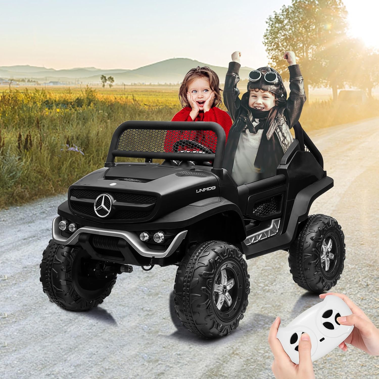 Der Rose RIDE ON CAR-002956 24V Two Seater Kids Electric Ride On Vehicle With Remote Control Four Motors 2WD And 4WD Switchable Led Lights Music Usb Tf Card Slot And Durable Off Road Tires For Ages 3 To 8 Black