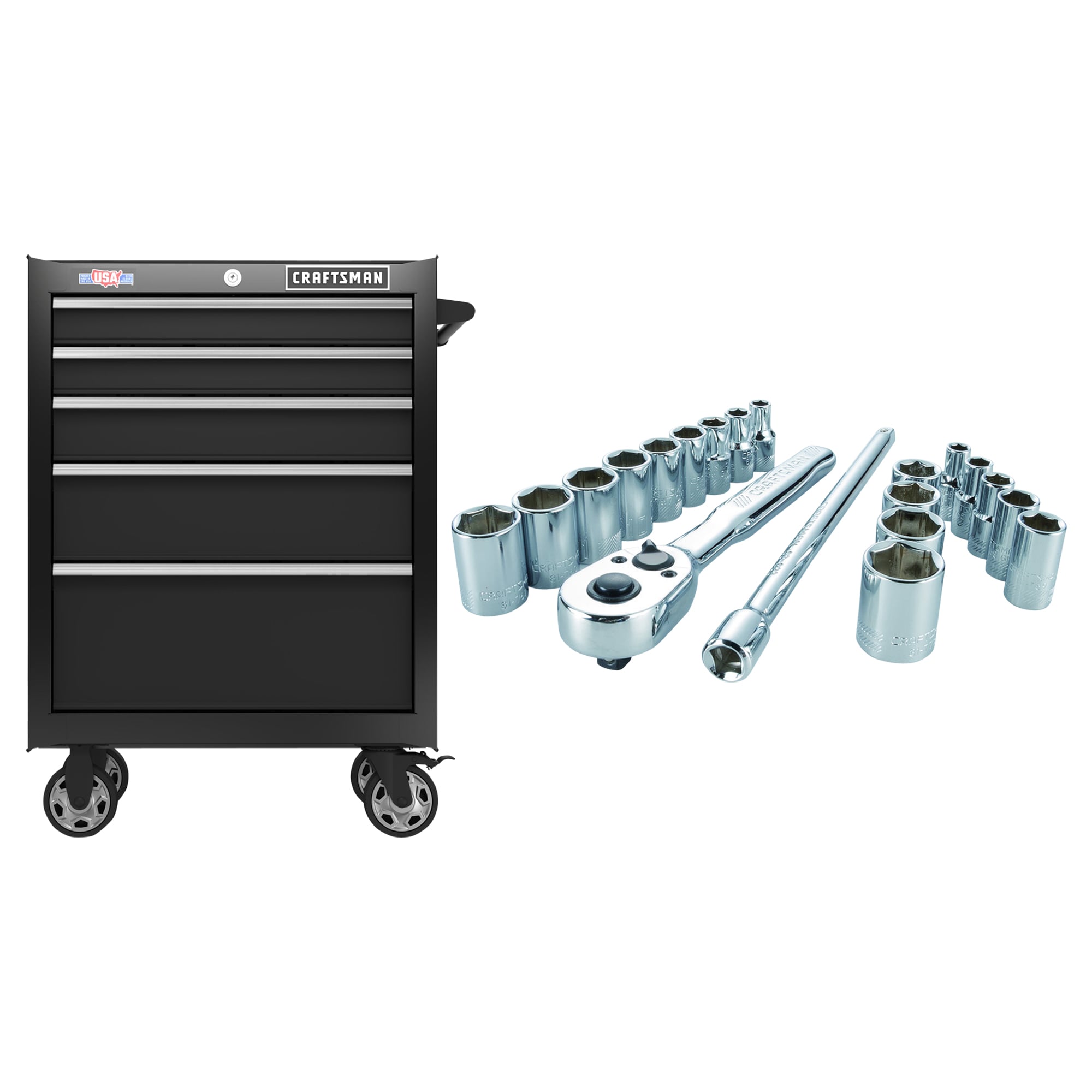 CRAFTSMAN 2000 Series 26.5-in W x 37.5-in H 5-Drawer Steel Rolling Tool Cabinet (Black) & 20-Piece Standard (SAE) and Metric Combination Polished
