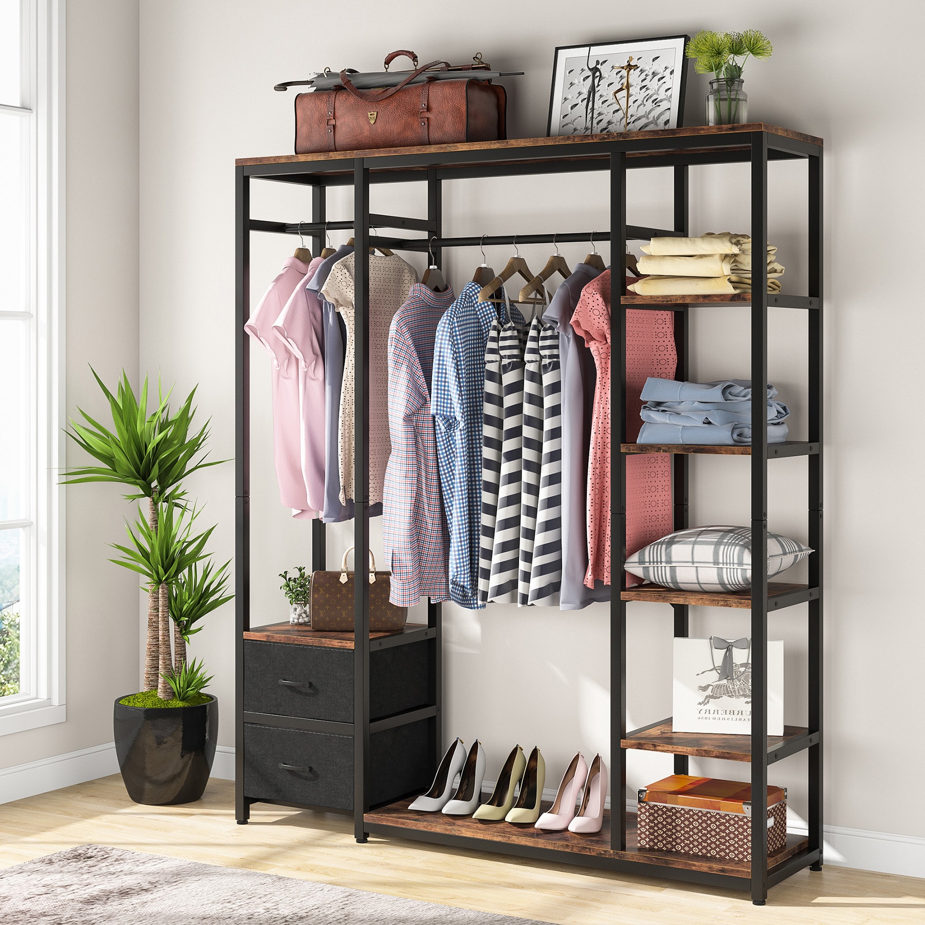 Tribesigns Freestanding Closet Organizer, Clothes Rack with Drawers and  Shelves, Heavy Duty Garment Rack Hanging Clothing Wardrobe Storage Closet  for