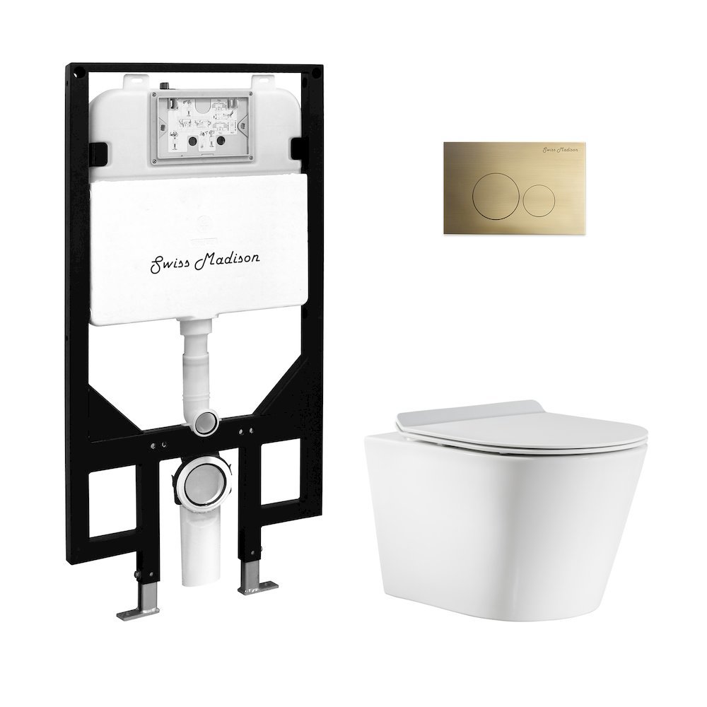 Swiss Madison - Calice Wall-Hung Toilet Bundle Dual Flush Glossy White Brass Flush Plate