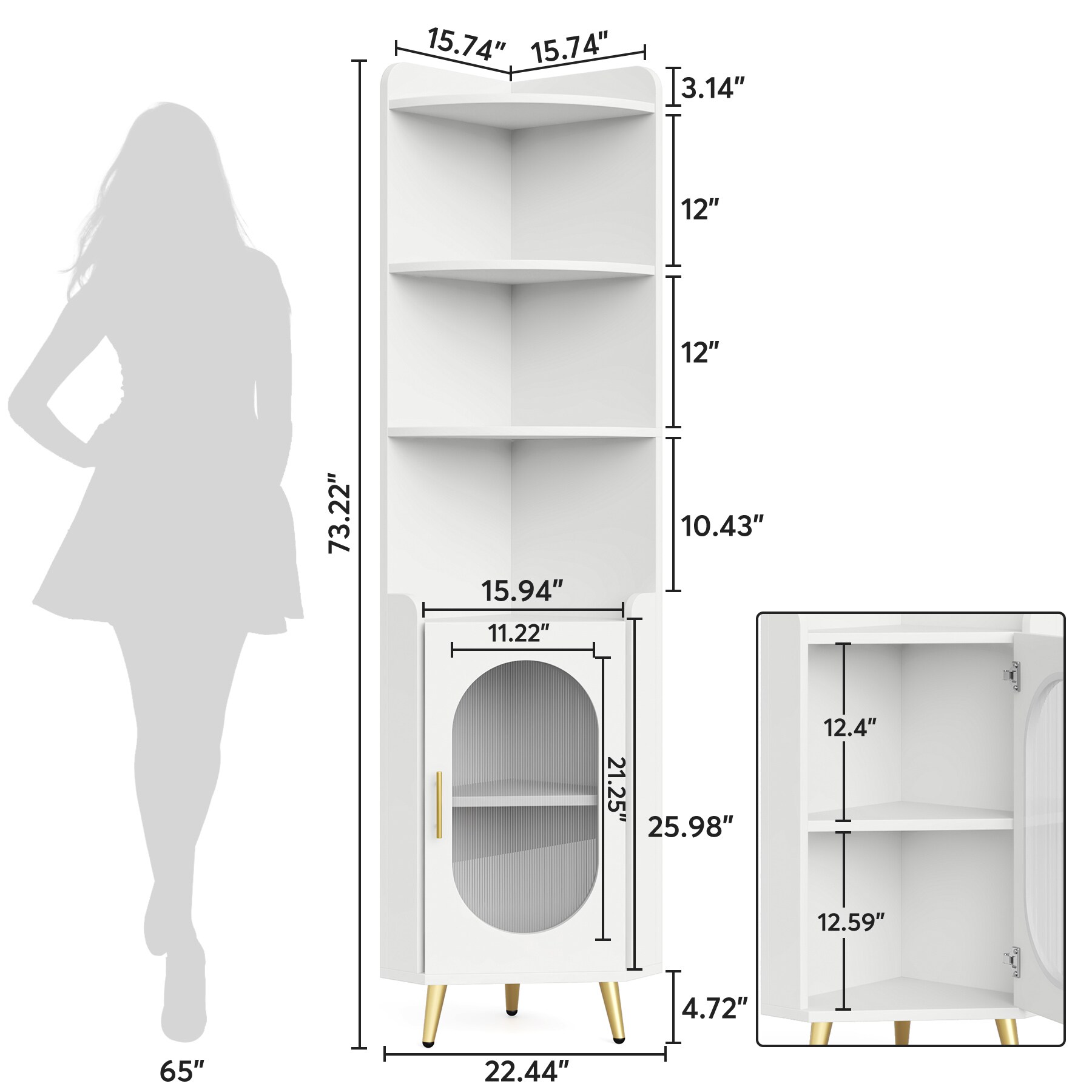 Tribesigns White and Gold Metal 6-Shelf Corner Bookcase with Doors (15.75-in W x 73.22-in H x 15.75-in D) Unfinished | HOGA-NY051