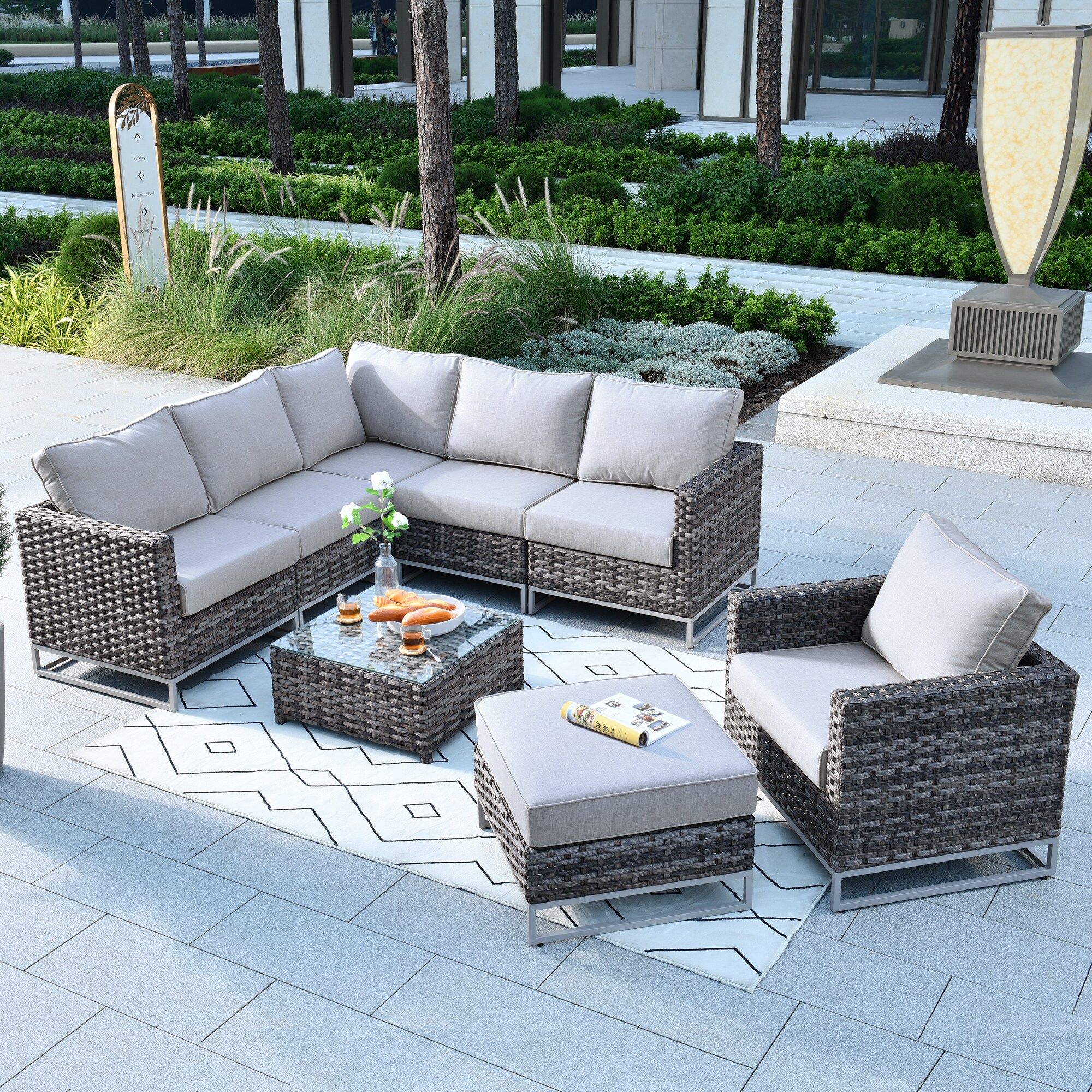 Pouuin 8-Piece Rattan Patio Conversation Set with Gray Olefin Cushions ...