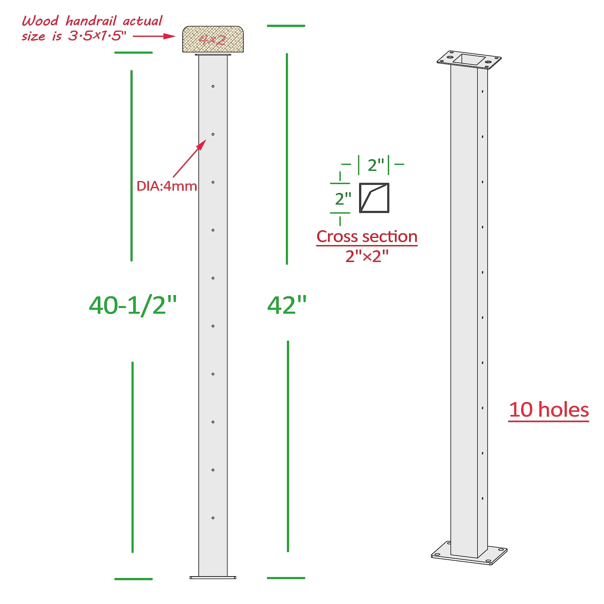 Etokfoks  2 Pack 2x2x40 5 in T304 Stainless Steel Cable Railing Intermediate Posts with SS Hex Screws