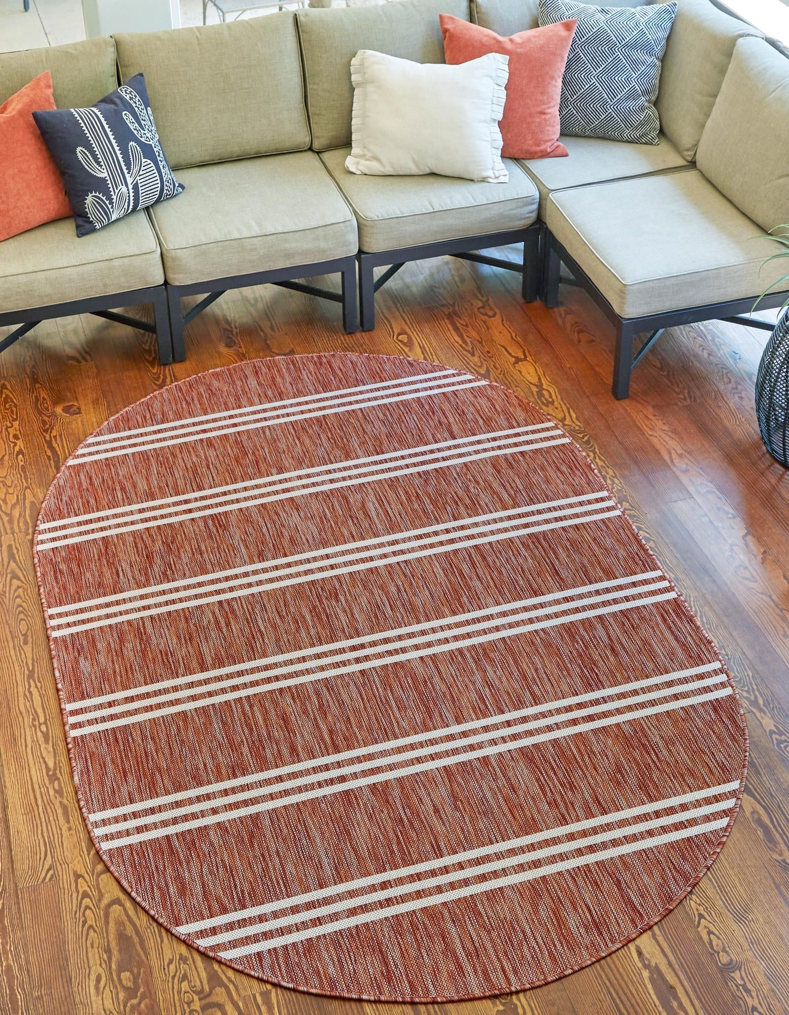 Unique Loom 3152715 Jill Zarin Outdoor 8 x 10 (ft) Loomed Polypropylene Rust Red Oval Indoor/Outdoor Stripe Area rug