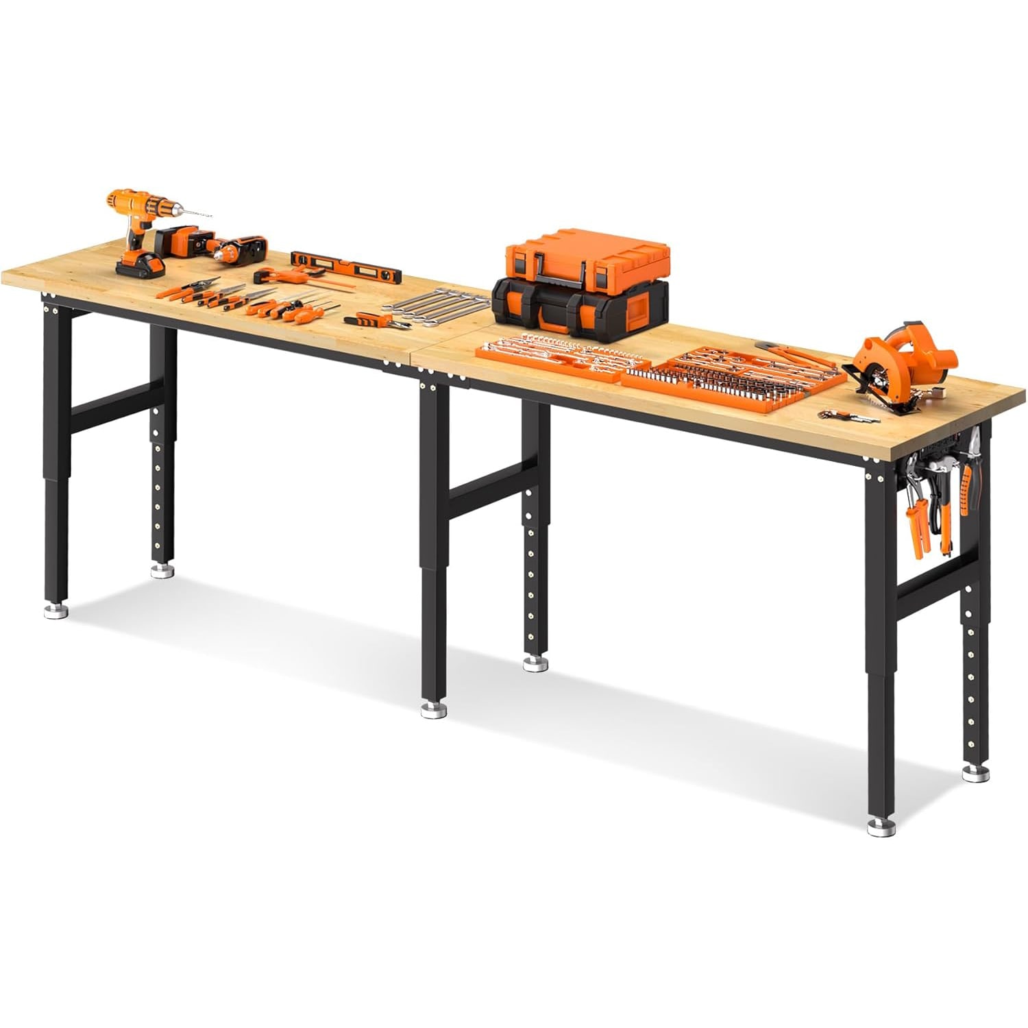 Idealhouse 96 Inches Workbench Rubber Wood Tabletop Work Table 5500 LBS Heavy Duty Adjustable Height Work Bench with 2 Power Outlets for Workshop Office Garage #YF-PEP-335JALXA