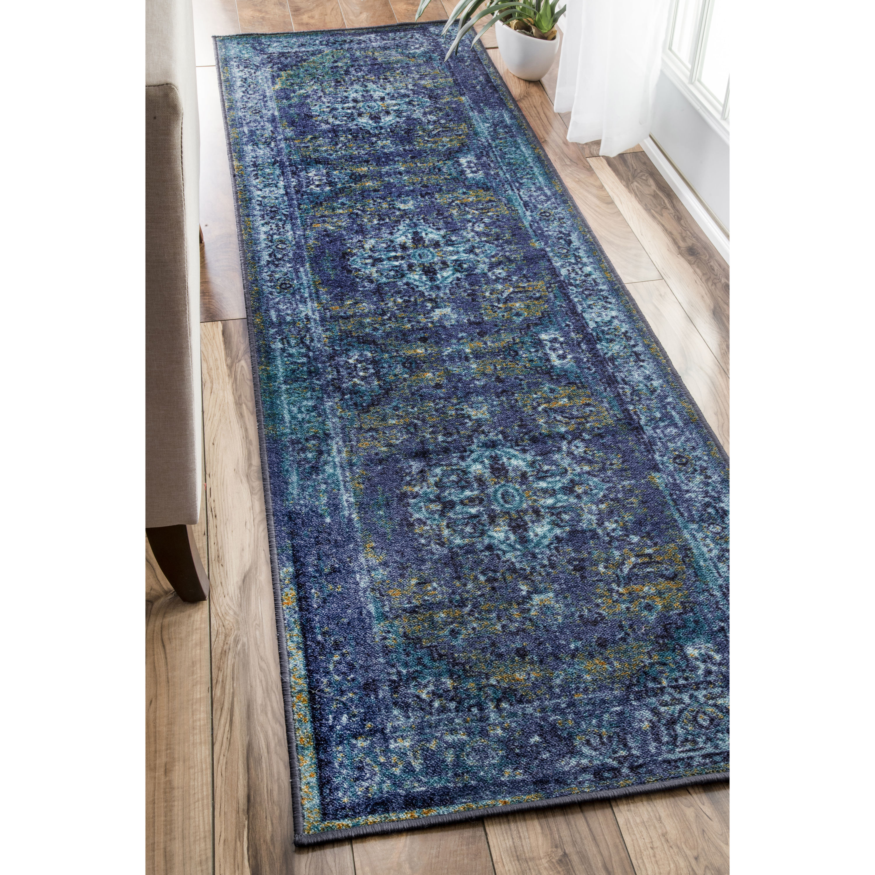 Uphome Boho Abstract Bathroom Runner Rug Blue Plant Non-Slip Long