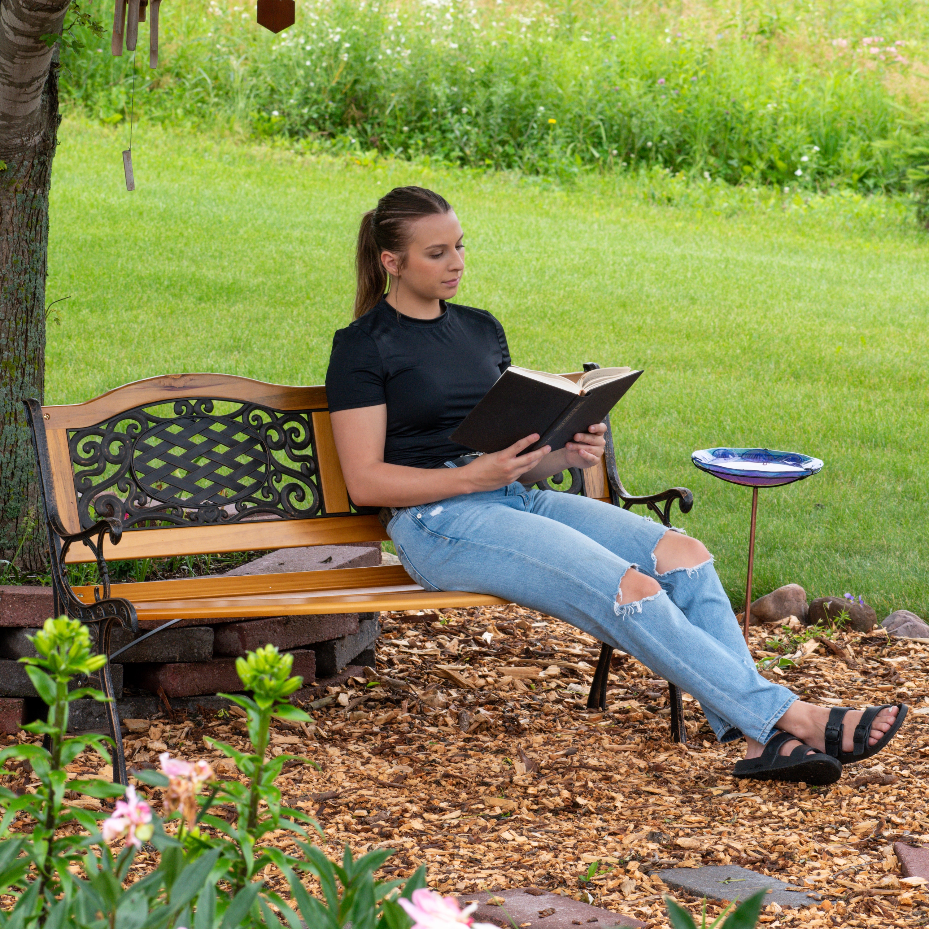 Sunnydaze 49" Black Cast Iron and Wood Outdoor Bench