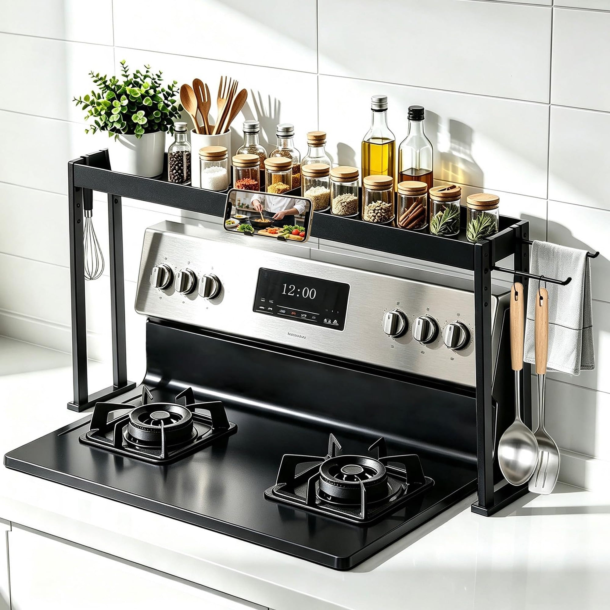 Numhew 33-in Matte Black Metal Over the Stove Shelf with Phone Holder