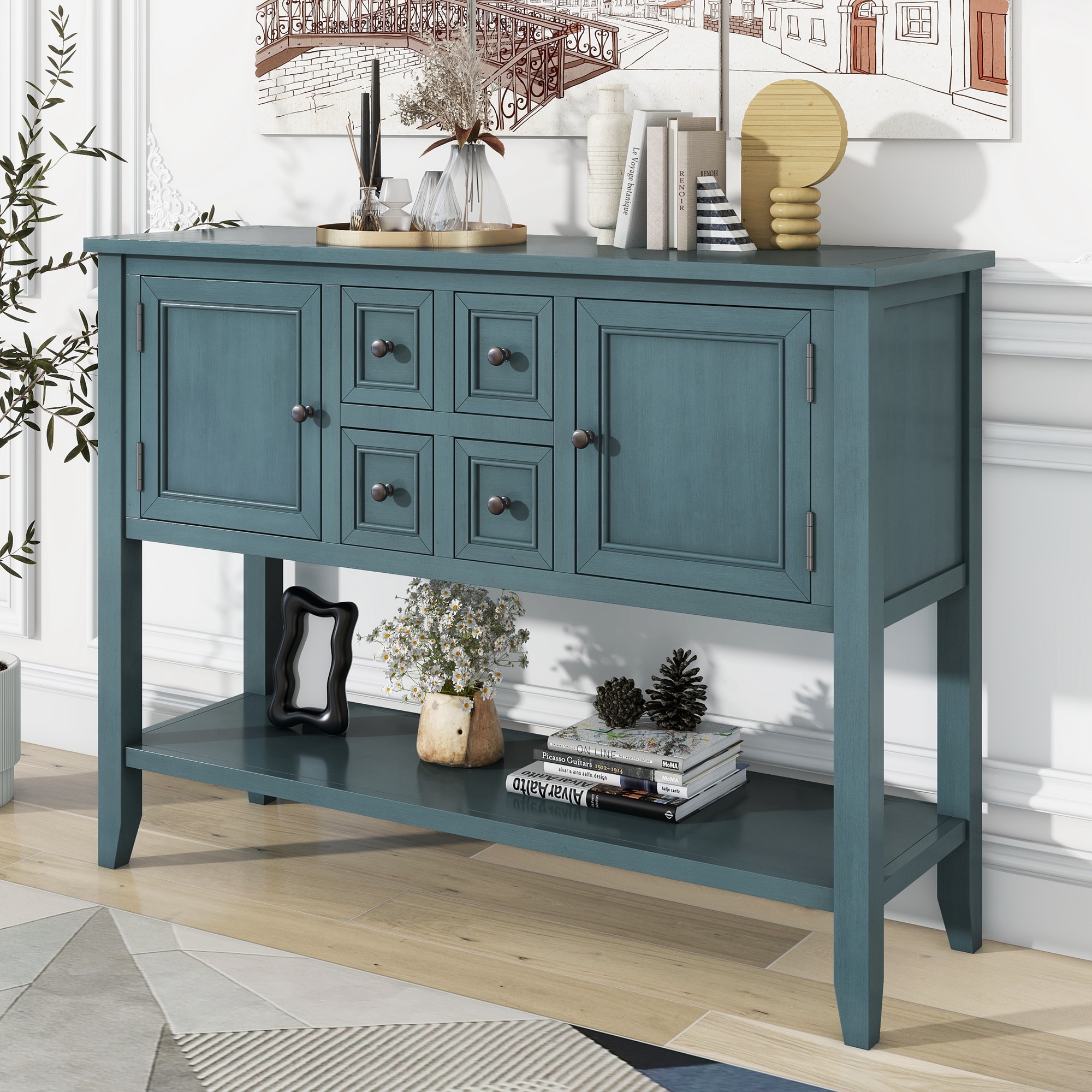 ModernLuxe WF314995AAM Cambridge Series  Ample Storage Vintage Console Table with Four Small Drawers and Bottom Shelf for Living Rooms Entrances and Kitchens Dark Blue