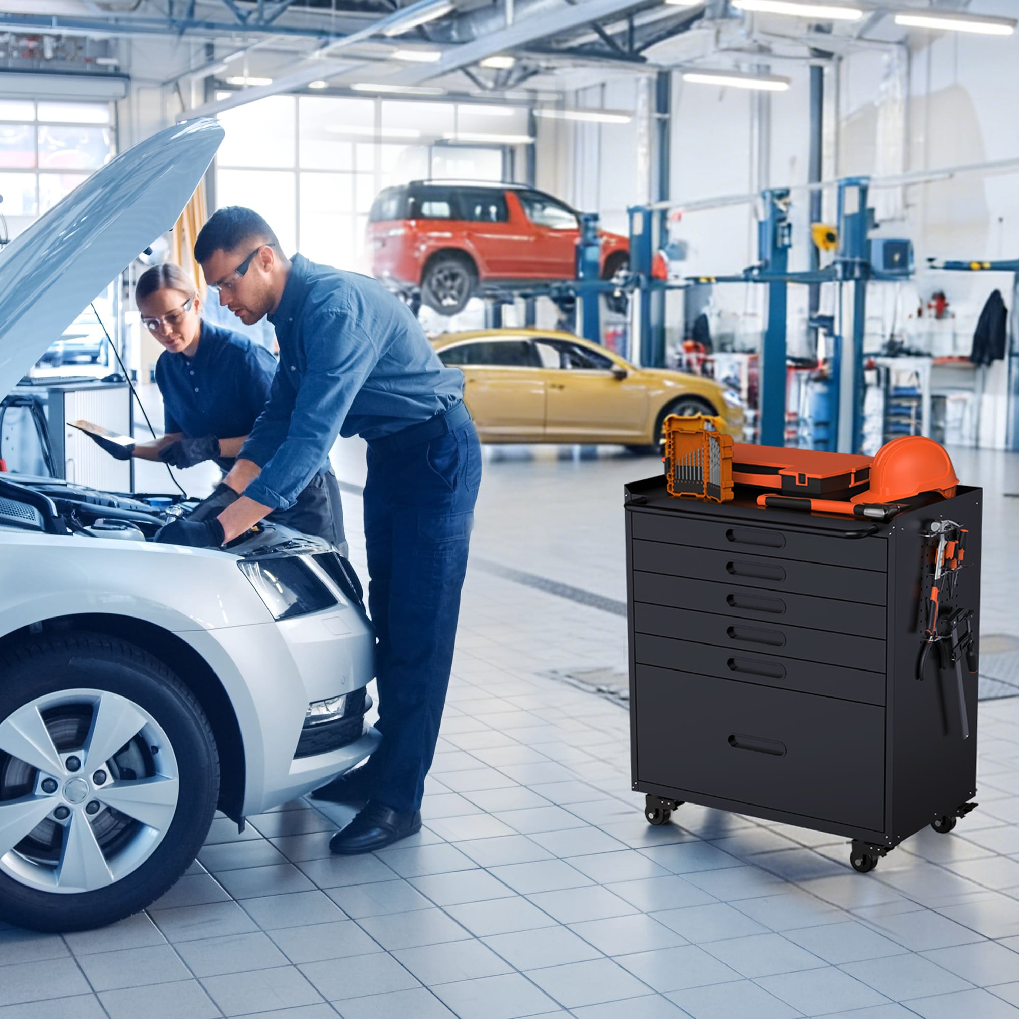 Black 6 -Drawer 29.5-in File Cabinet Mobile Filing Cabinet Tool Storage Cabinet Garage Organizer Rolling Steel Chest