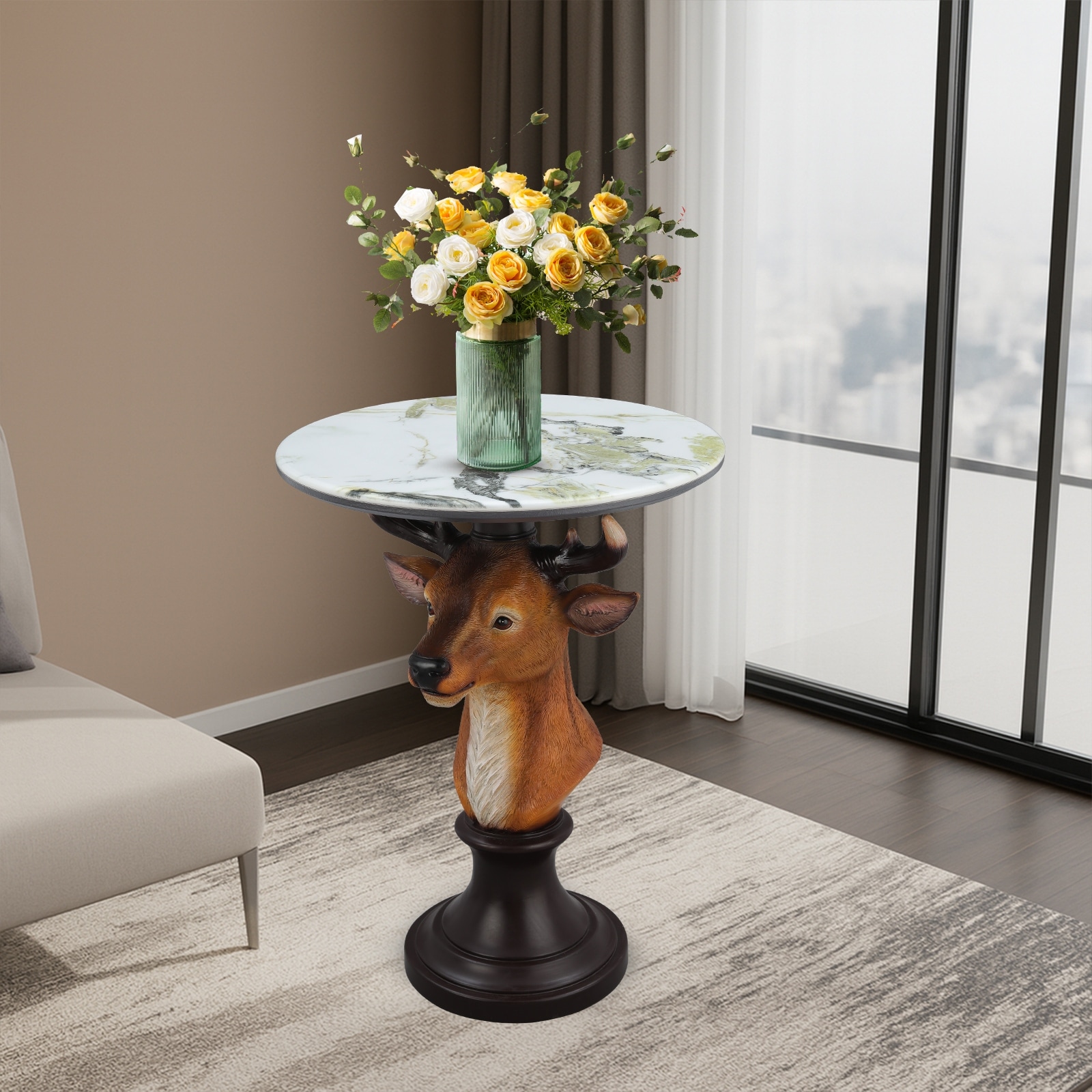 Beedesign - Deer Head Accent Table Animal Statue End Table Living Room Decor Side Table Sculpture