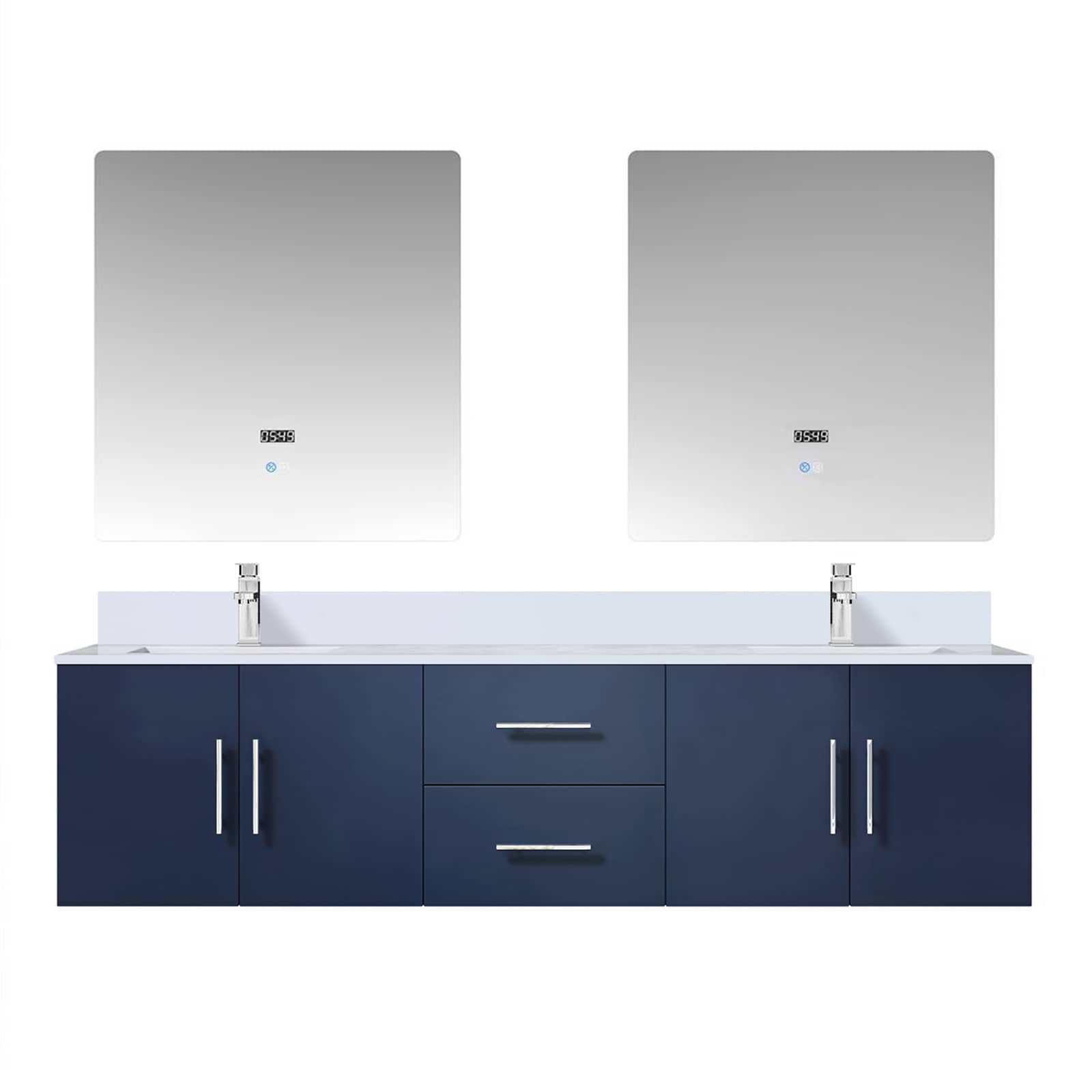 Lexora LVG72DE211 Geneva 72-in Navy Blue Undermount Double Sink Floating Bathroom Vanity with White Quartz Top (Mirror and Faucet Included)