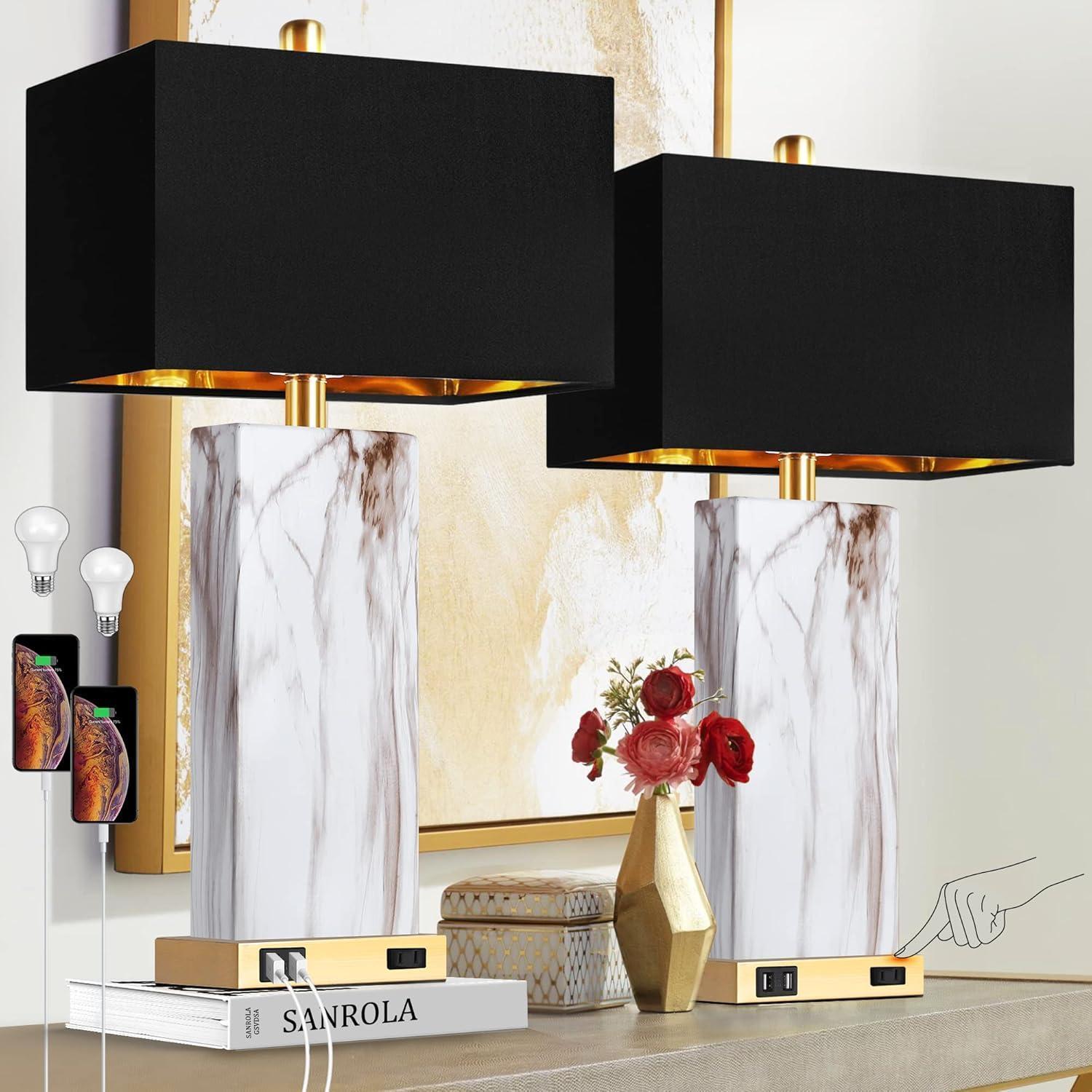 Bayfeve (Set of 2) Black White Gold Faux Marble Table Lamps with USB and AC Outlet